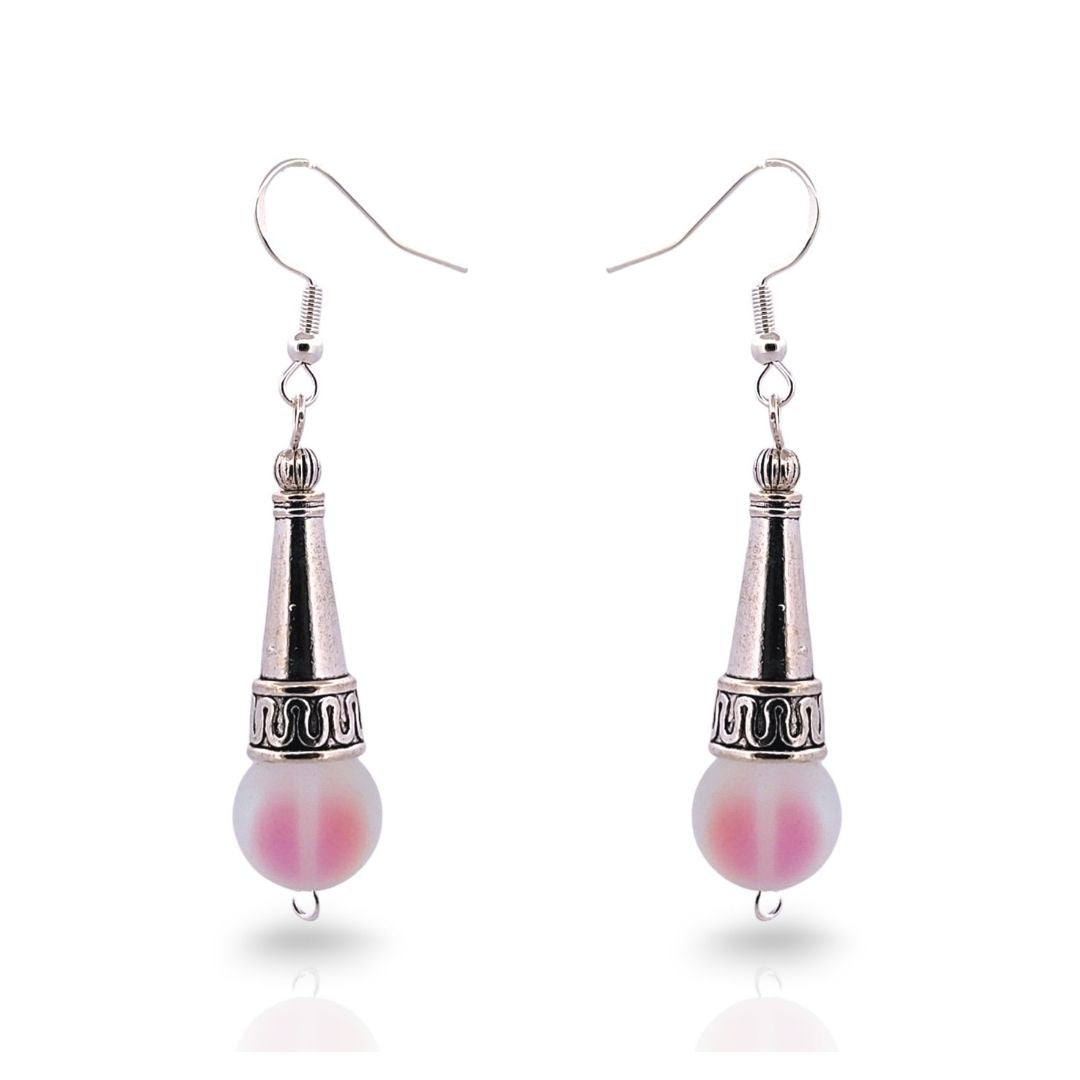 BeSheek Sterling Silver Clear AB Tibetan Filigree Cone and Mermaid Glass Dangle Earrings