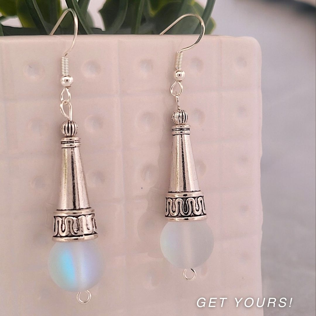 BeSheek Sterling Silver Clear AB Tibetan Filigree Cone and Mermaid Glass Dangle Earrings
