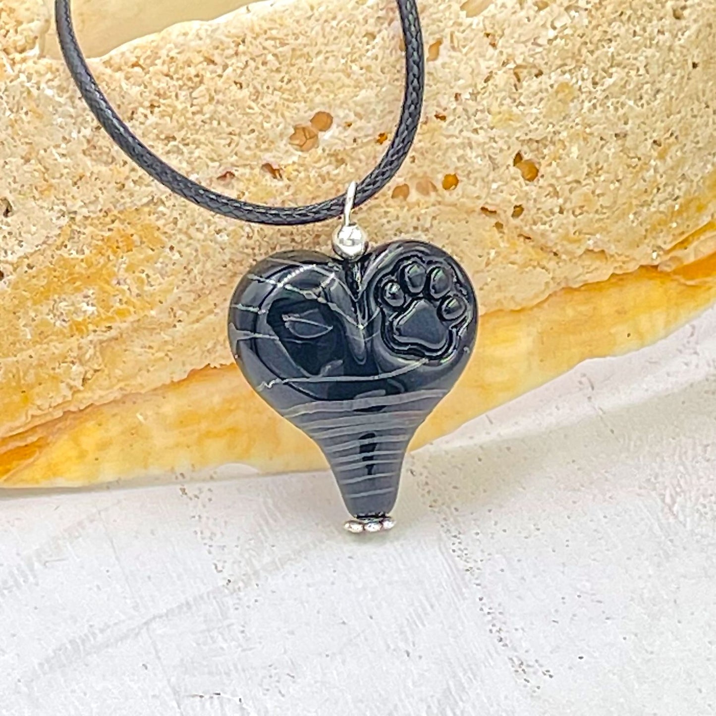 Paws for Humanity Lampwork Glass Heart Necklace - Black