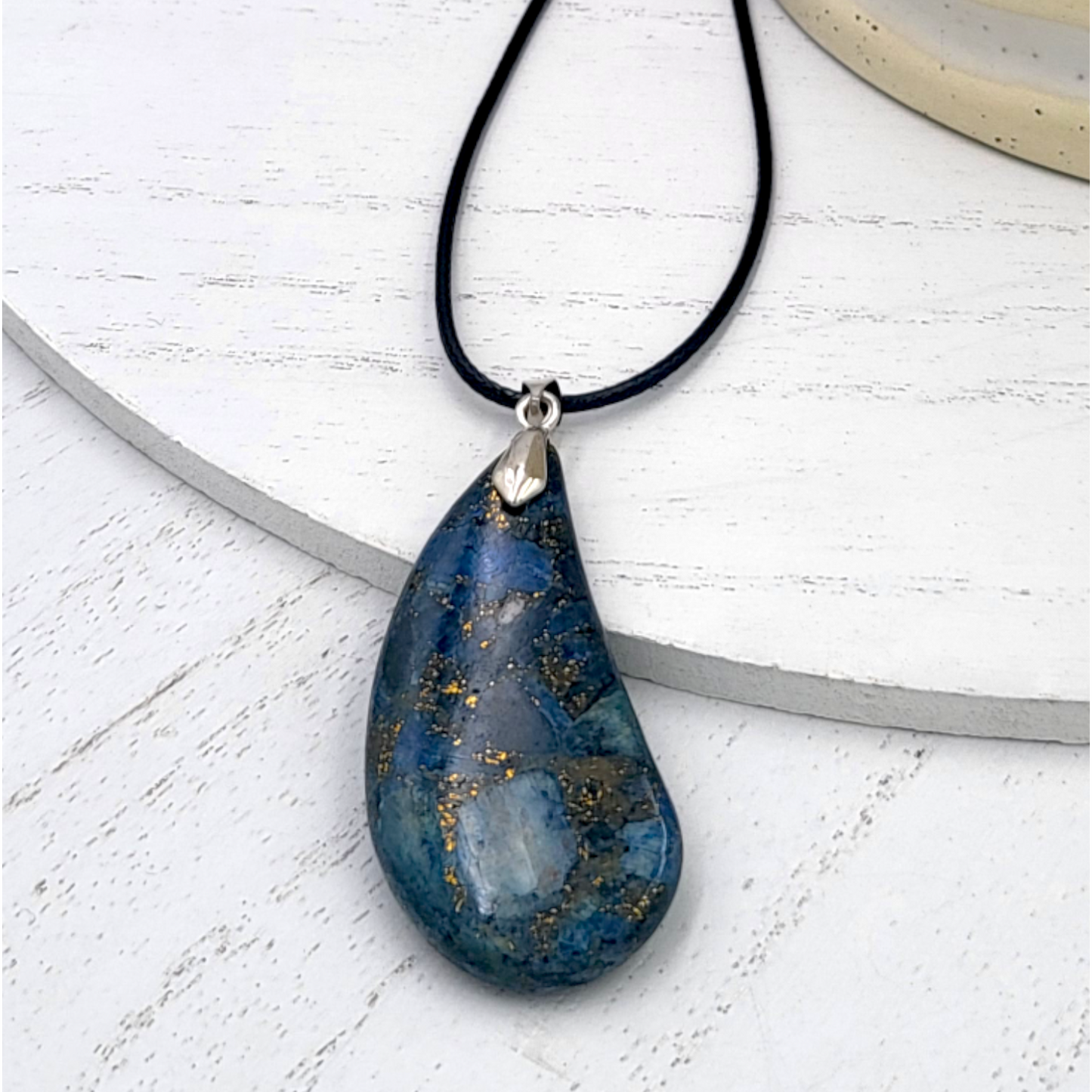 Blue Sea Sediment Jasper and Bronzite Teardrop Pendant Necklace