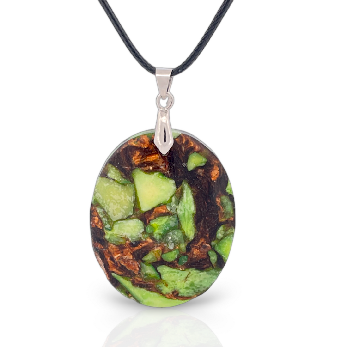 Green Sea Sediment Jasper and Bronzite Oval Pendant Necklace