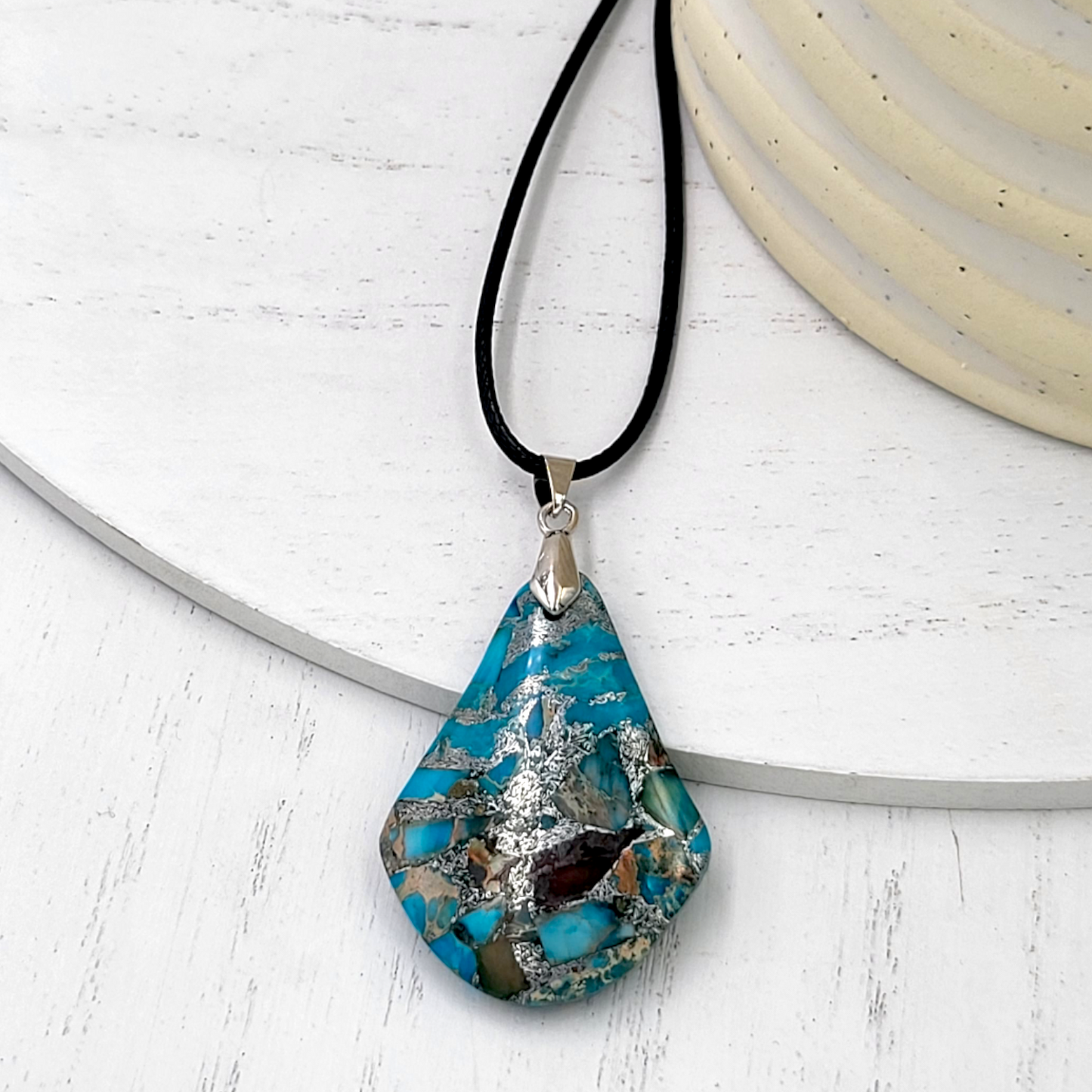 Aqua Blue Sea Sediment Jasper and Bronzite Teardrop Pendant Necklace
