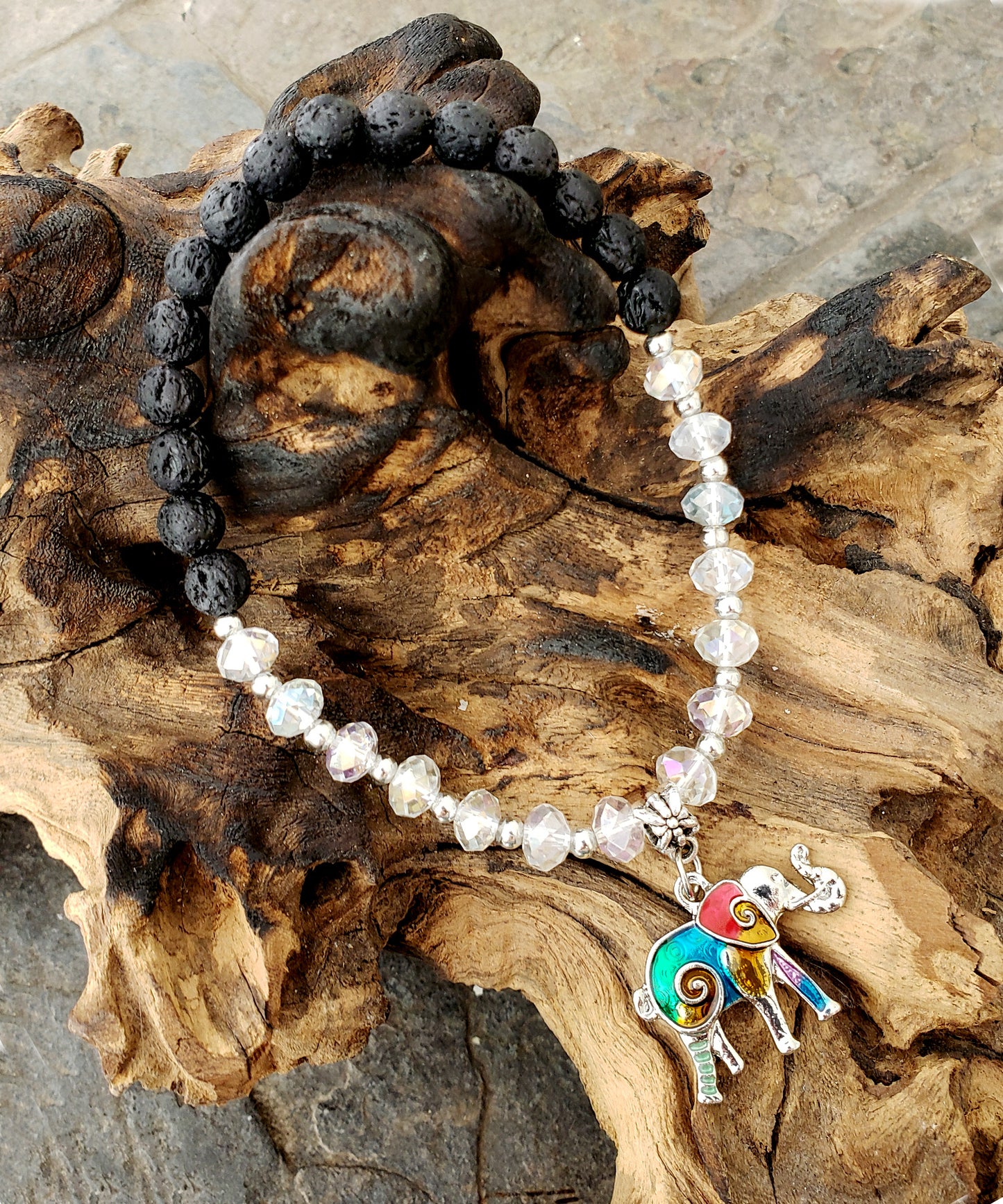 BESHEEK CLEAR and Black Lava bead Mosaic Elephant Stretch Anklet | Handmade Hypoallergenic Beach Gala Wedding Style Jewelry