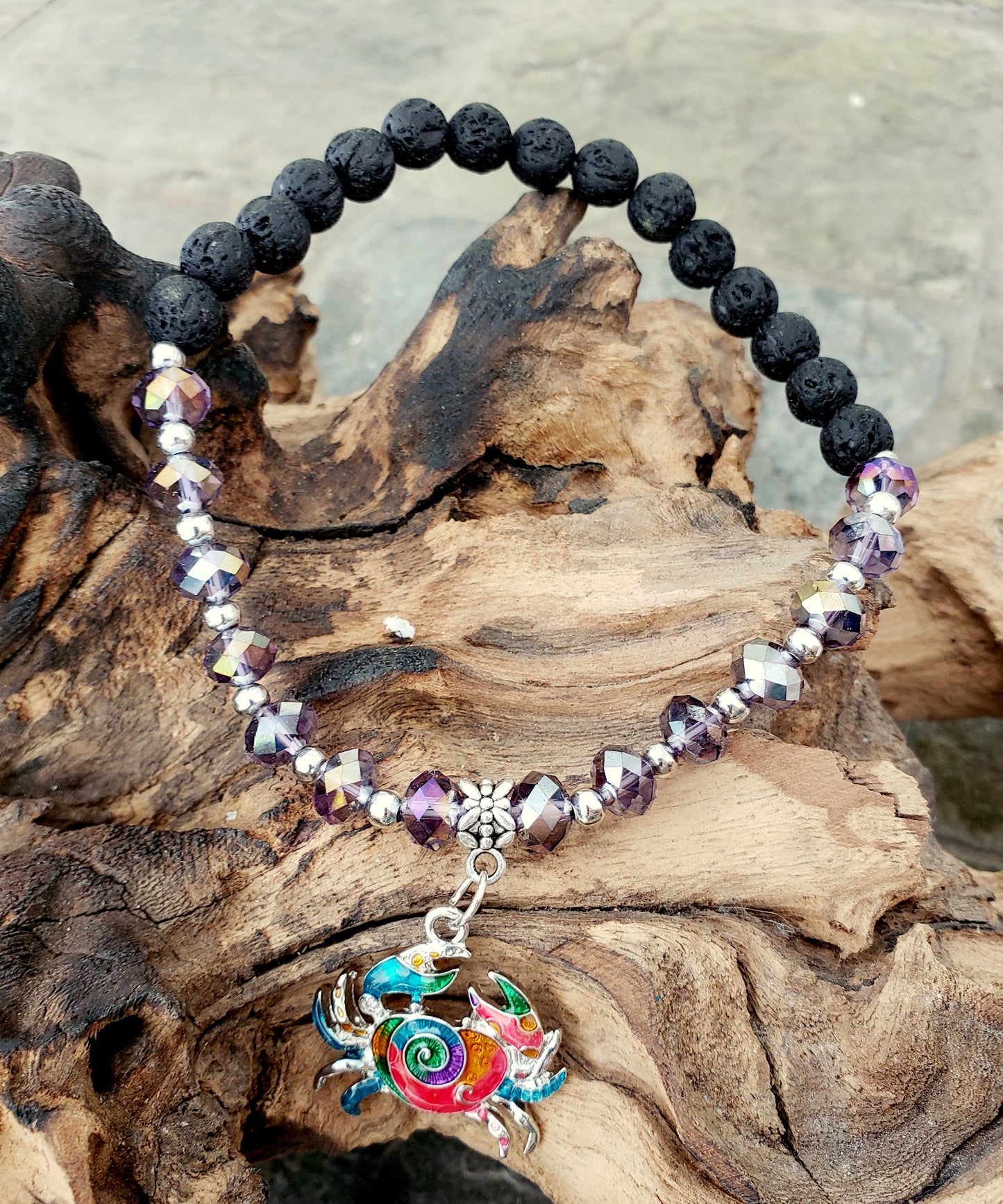 BESHEEK PURPLE and Black Lava bead Mosaic Crab Stretch Anklet | Handmade Hypoallergenic Beach Gala Wedding Style Jewelry