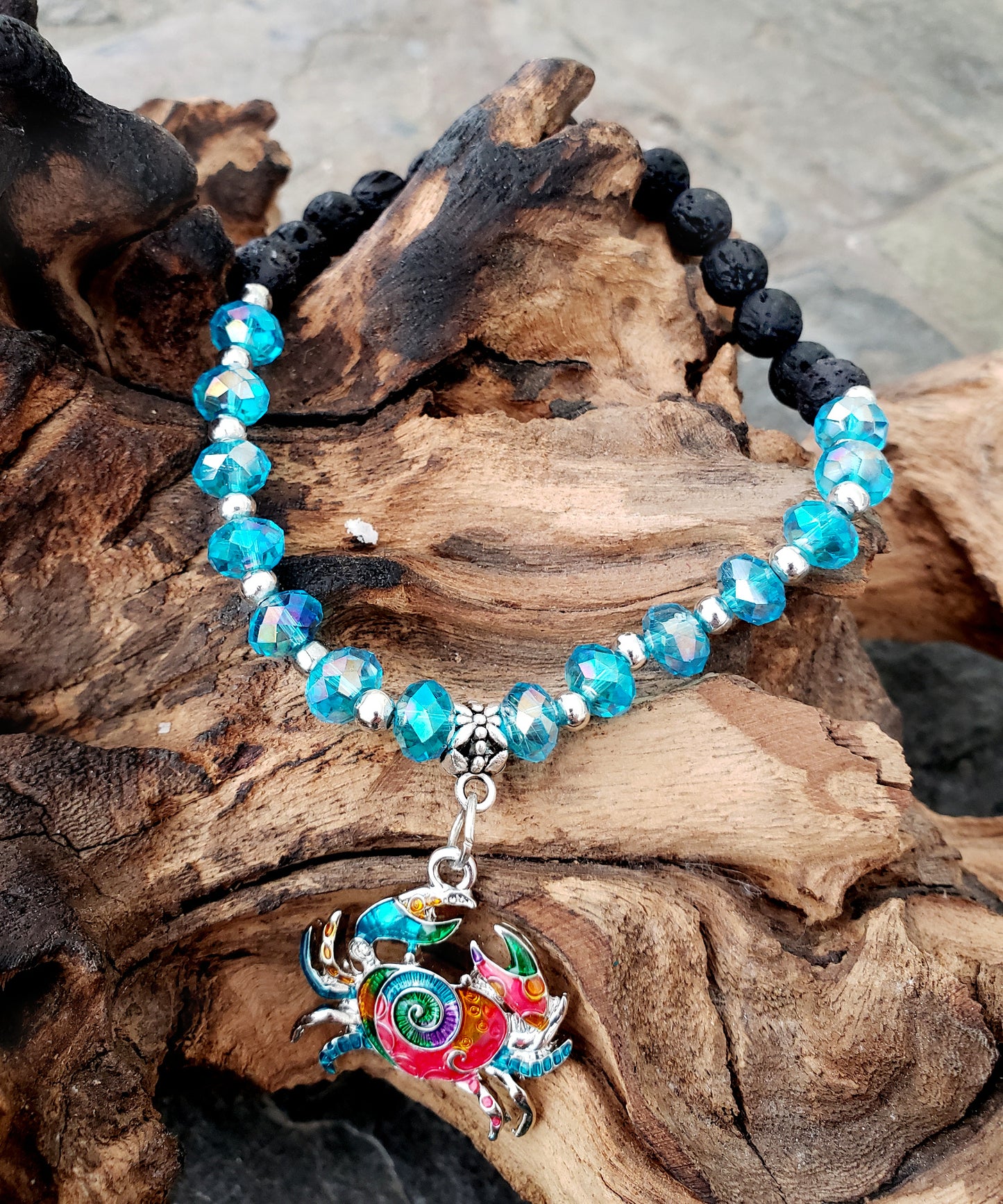 BESHEEK AQUA and Black Lava bead Mosaic Crab Stretch Anklet | Handmade Hypoallergenic Beach Gala Wedding Style Jewelry