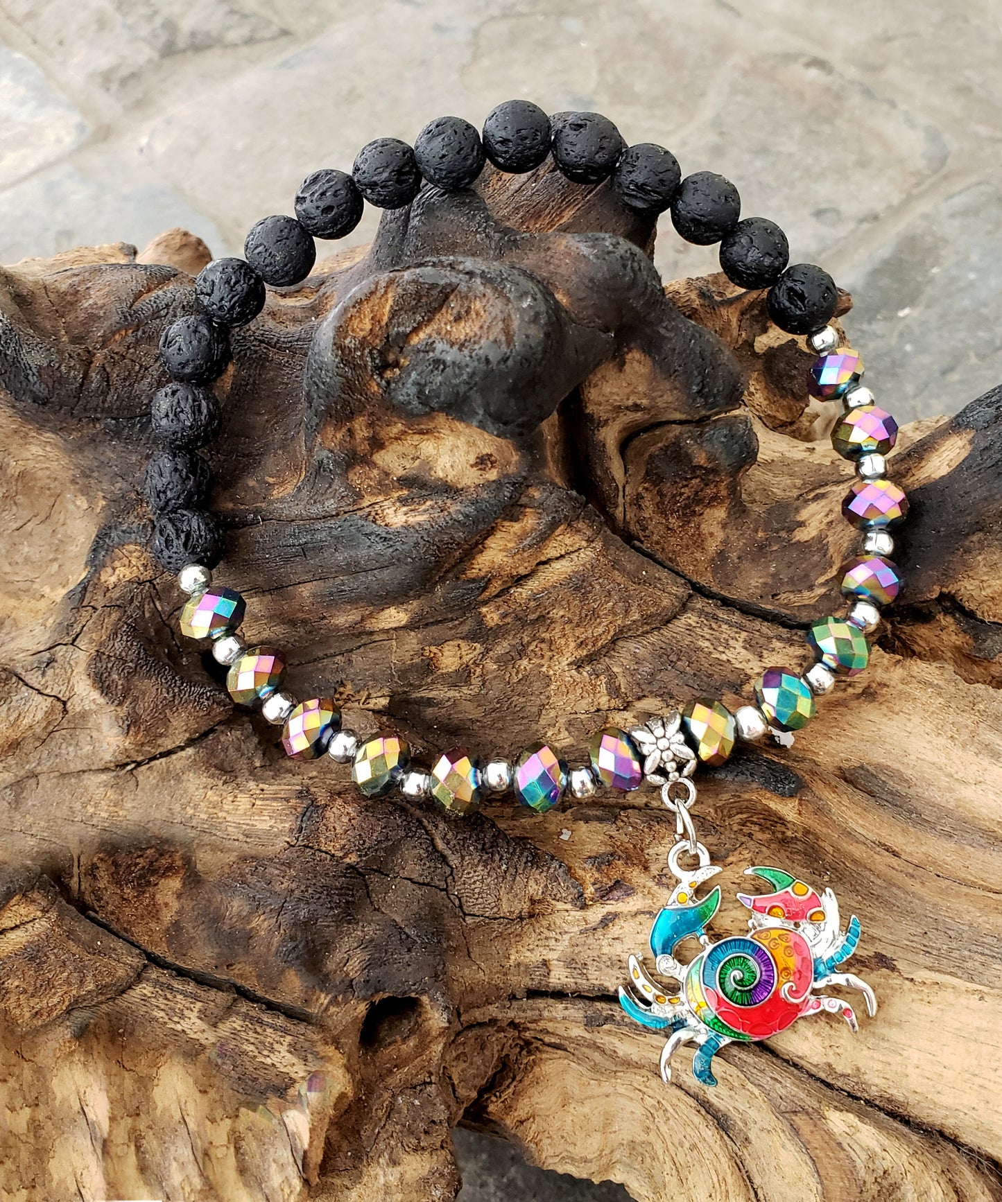 BESHEEK RAINBOW and Black Lava bead Mosaic Crab Stretch Anklet | Handmade Hypoallergenic Beach Gala Wedding Style Jewelry