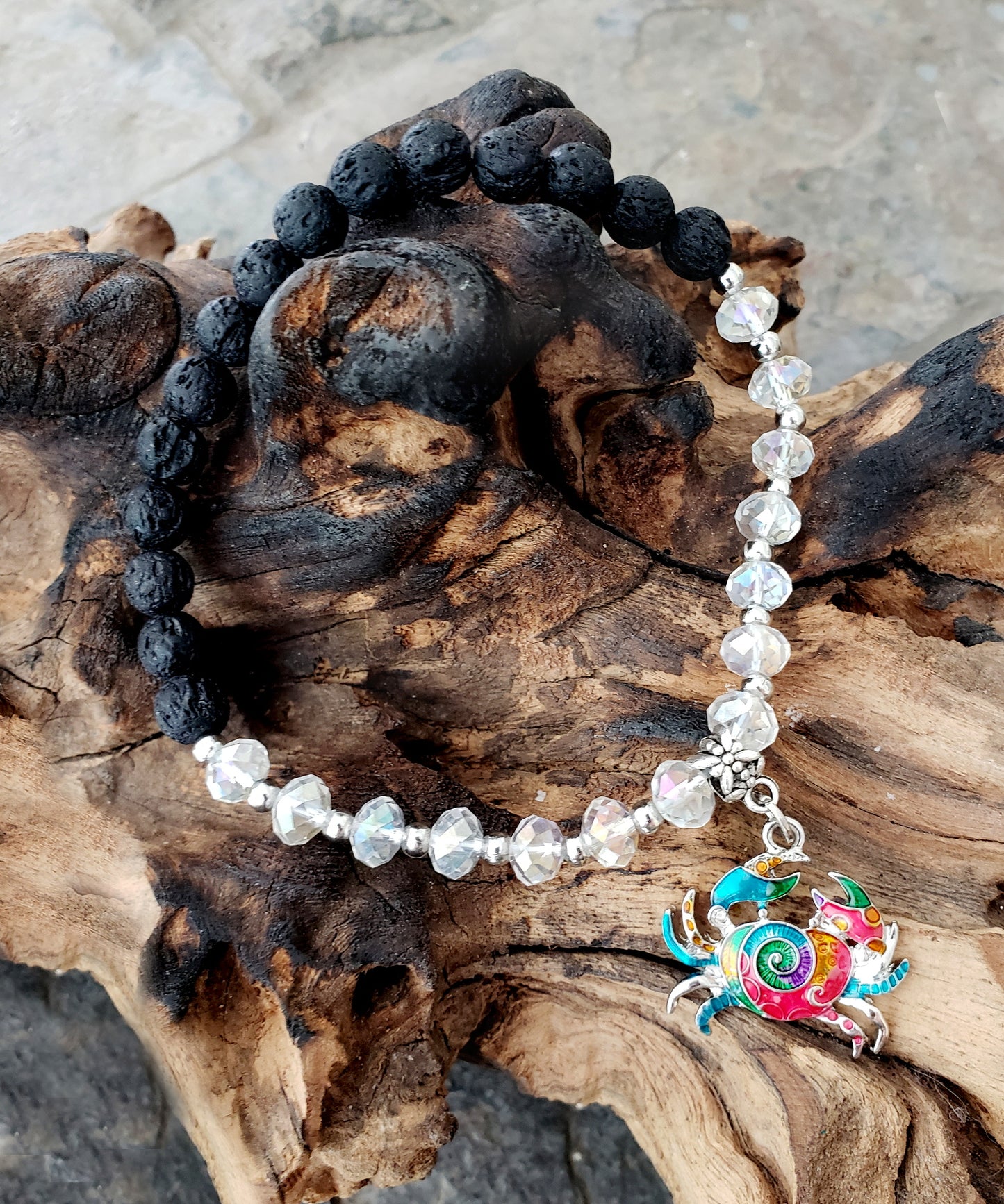 BESHEEK CLEAR and Black Lava bead Mosaic Crab Stretch Anklet | Handmade Hypoallergenic Beach Gala Wedding Style Jewelry