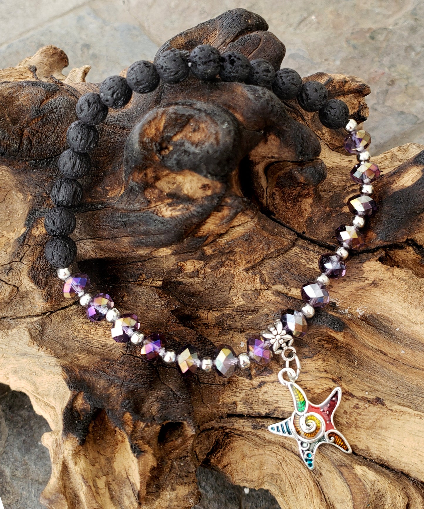 BESHEEK PURPLE and Black Lava bead Mosaic star fish Stretch Anklet | Handmade Hypoallergenic Beach Gala Wedding Style Jewelry