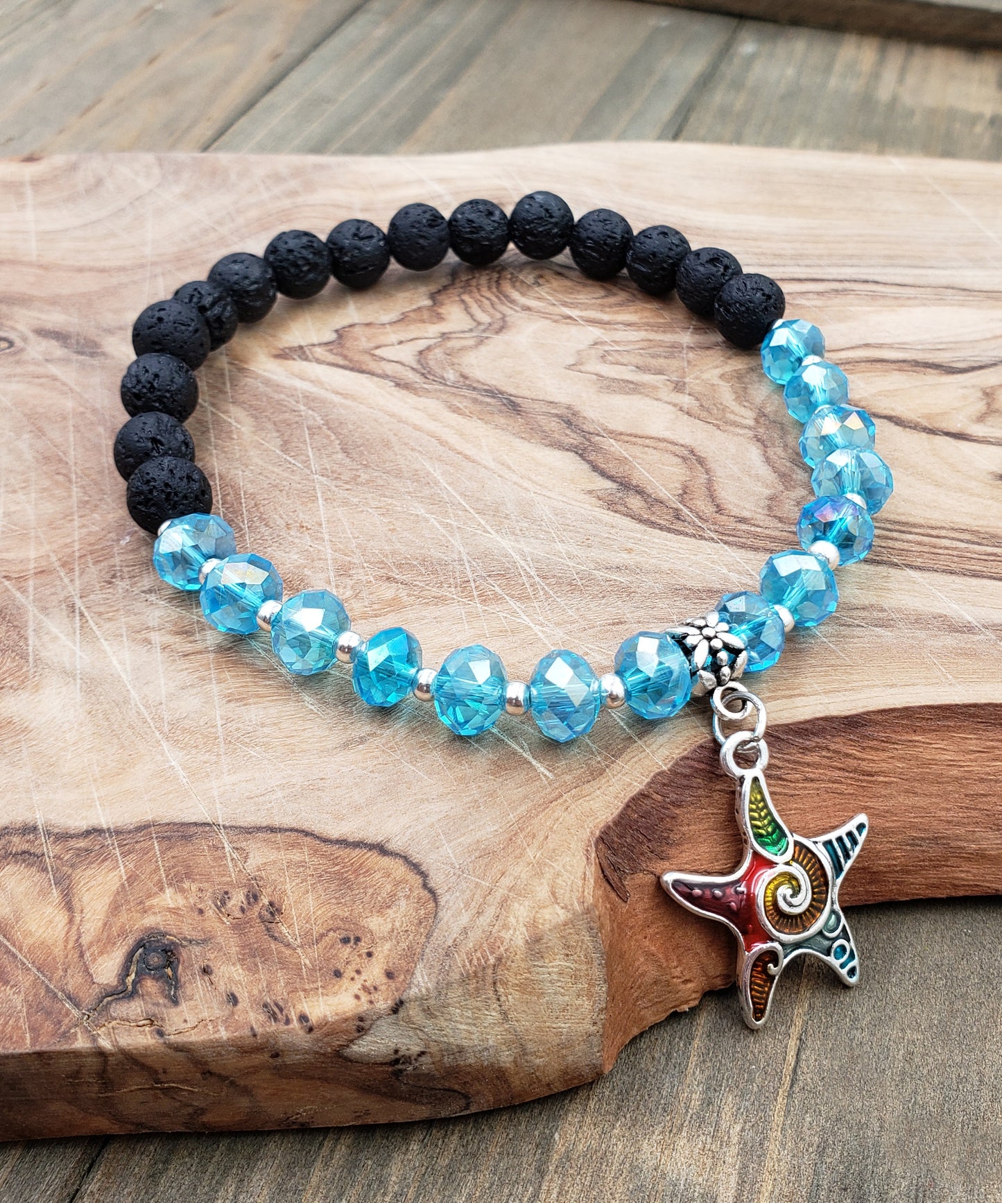 BESHEEK AQUA and Black Lava bead Mosaic star fish Stretch Anklet | Handmade Hypoallergenic Beach Gala Wedding Style Jewelry
