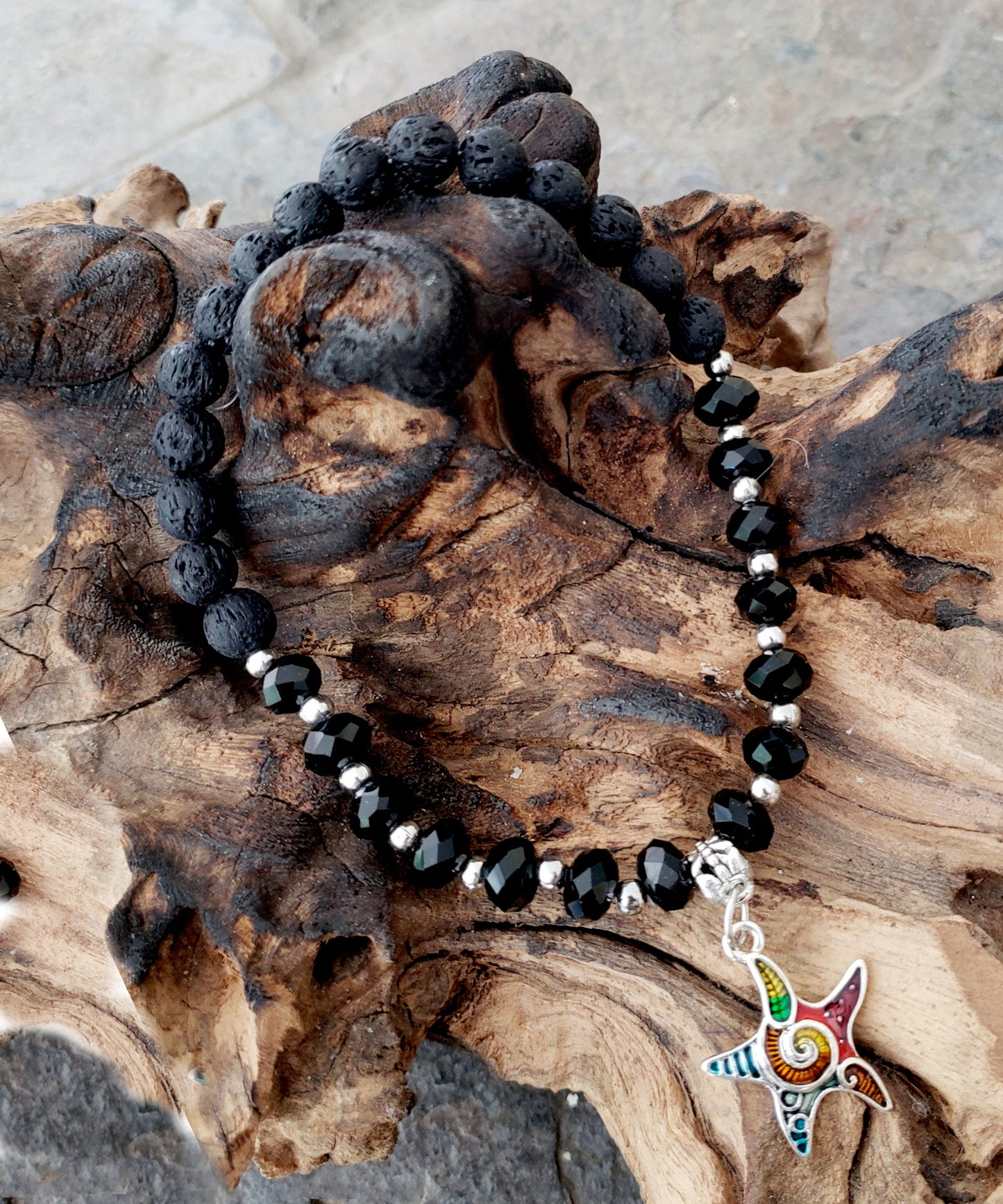 BESHEEK BLACK and Black Lava bead Mosaic star fish Stretch Anklet | Handmade Hypoallergenic Beach Gala Wedding Style Jewelry