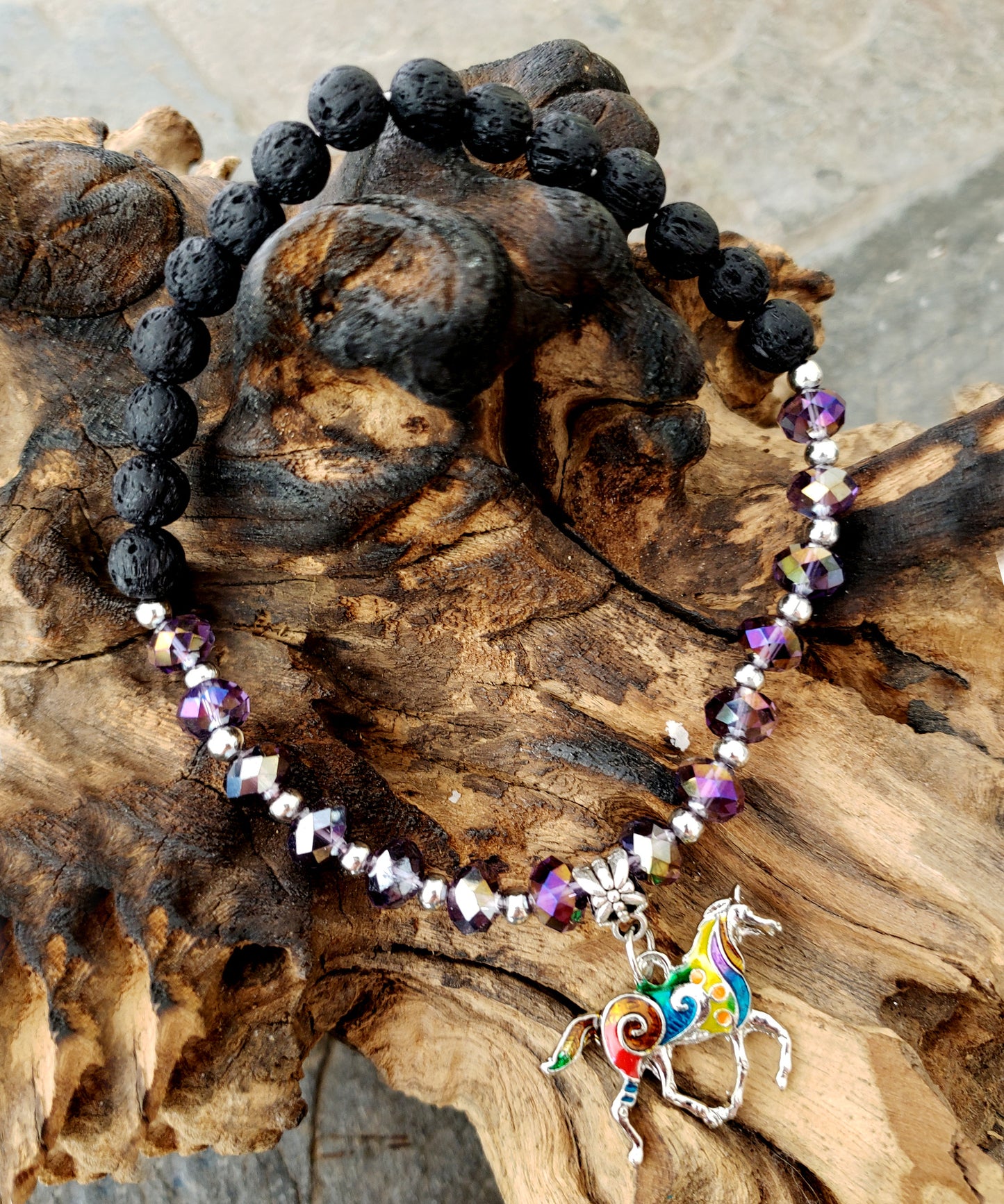 BESHEEK PURPLE and Black Lava bead Mosaic Horse Stretch Anklet | Handmade Hypoallergenic Beach Gala Wedding Style Jewelry