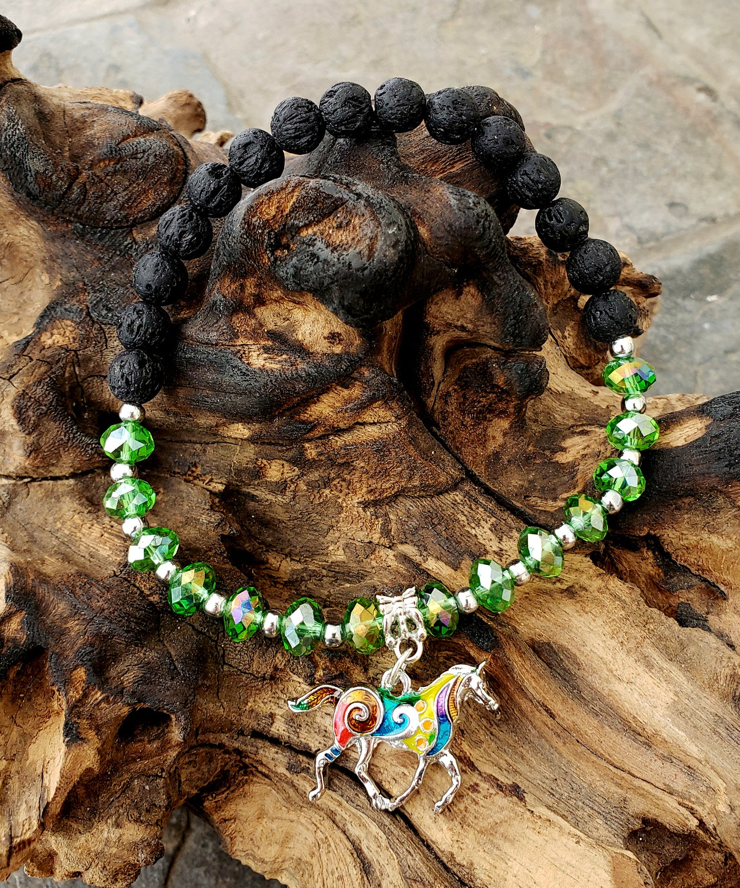 BESHEEK GREEN and Black Lava bead Mosaic Horse Stretch Anklet | Handmade Hypoallergenic Beach Gala Wedding Style Jewelry