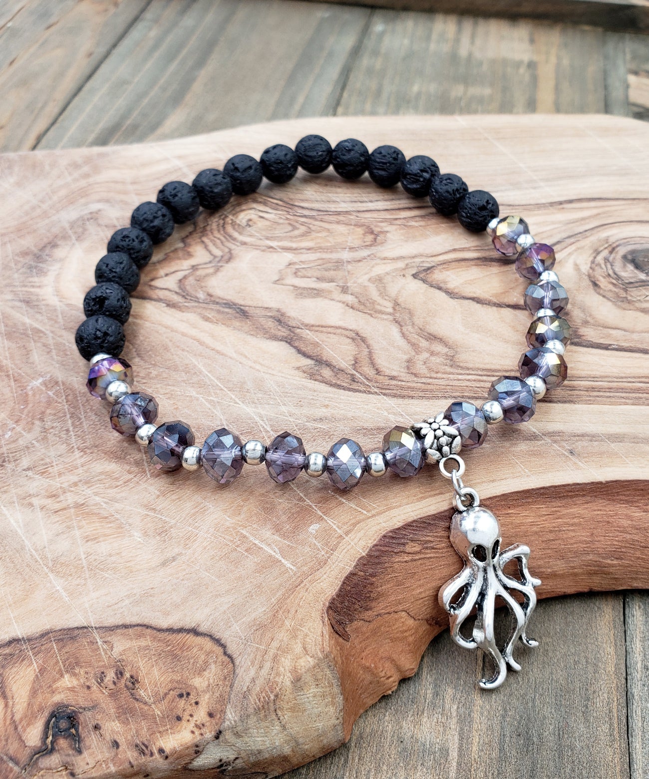 BESHEEK PURPLE and Black Lava bead Silvertone Squid Stretch Anklet | Handmade Hypoallergenic Beach Gala Wedding Style Jewelry