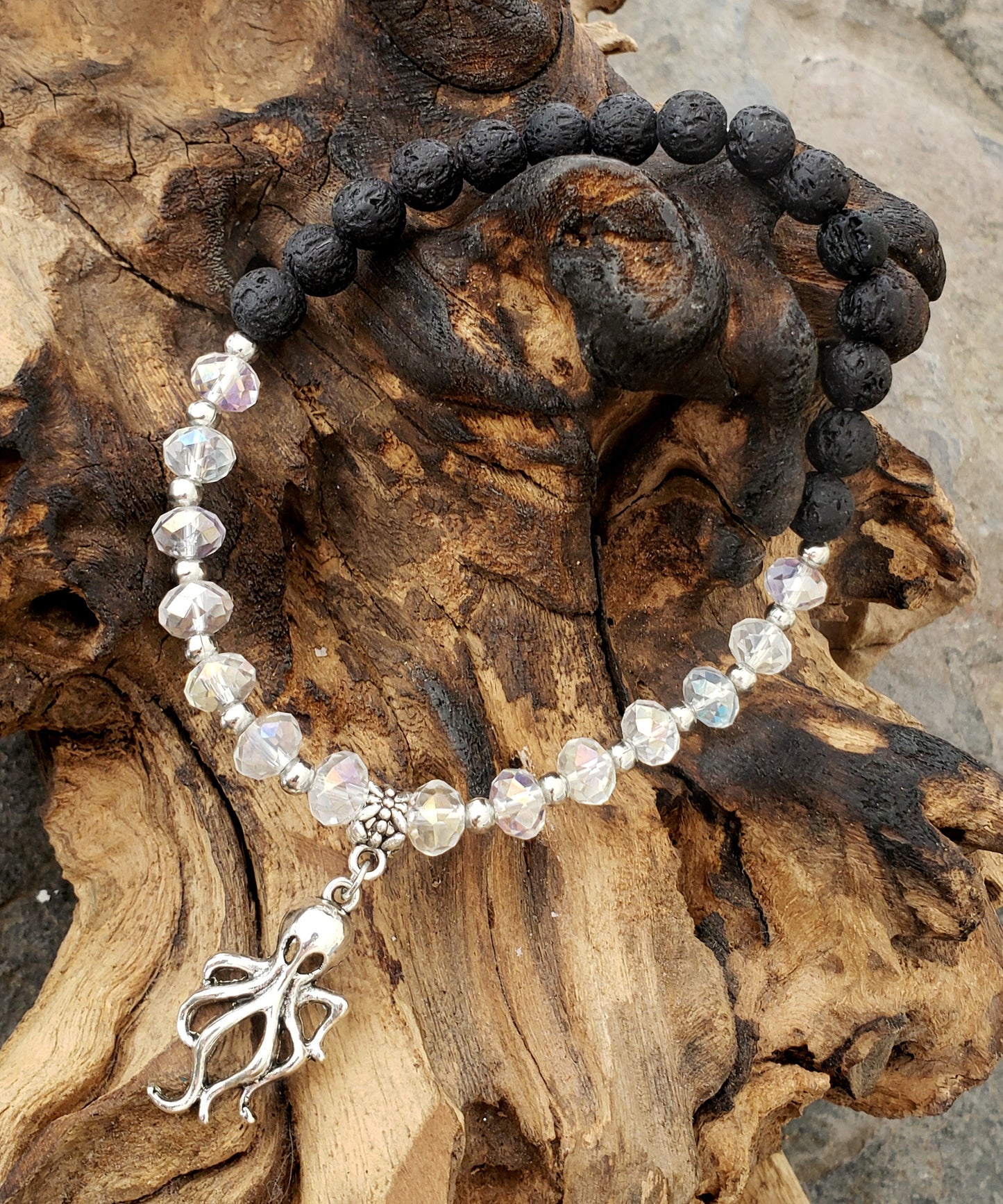 BESHEEK CLEAR and Black Lava bead Silvertone Squid Stretch Anklet | Handmade Hypoallergenic Beach Gala Wedding Style Jewelry