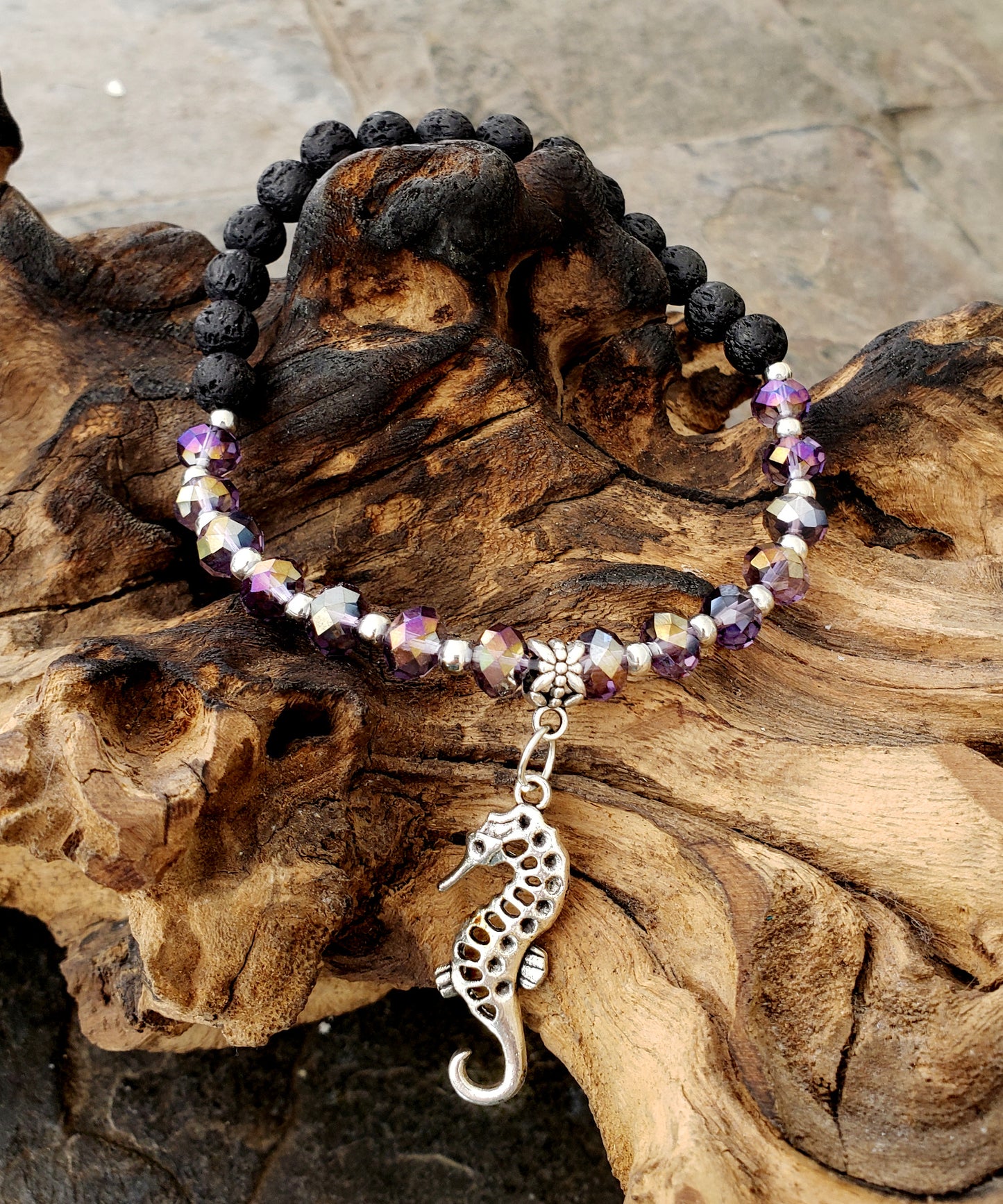 BESHEEK PURPLE and Black Lava bead Silvertone Sea Horse Stretch Anklet | Handmade Hypoallergenic Beach Gala Wedding Style Jewelry