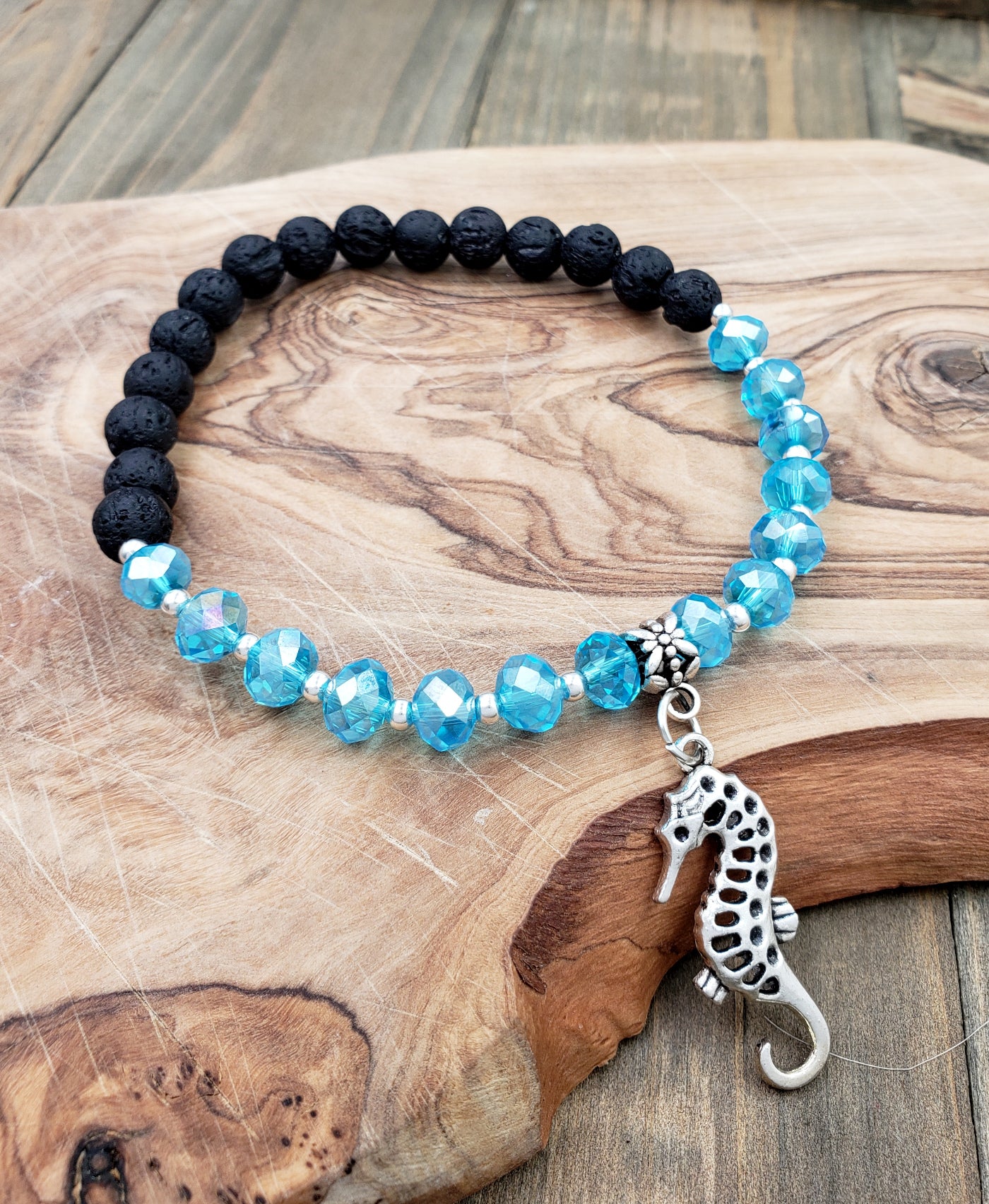 BESHEEK AQUA and Black Lava bead Silvertone Sea Horse Stretch Anklet | Handmade Hypoallergenic Beach Gala Wedding Style Jewelry