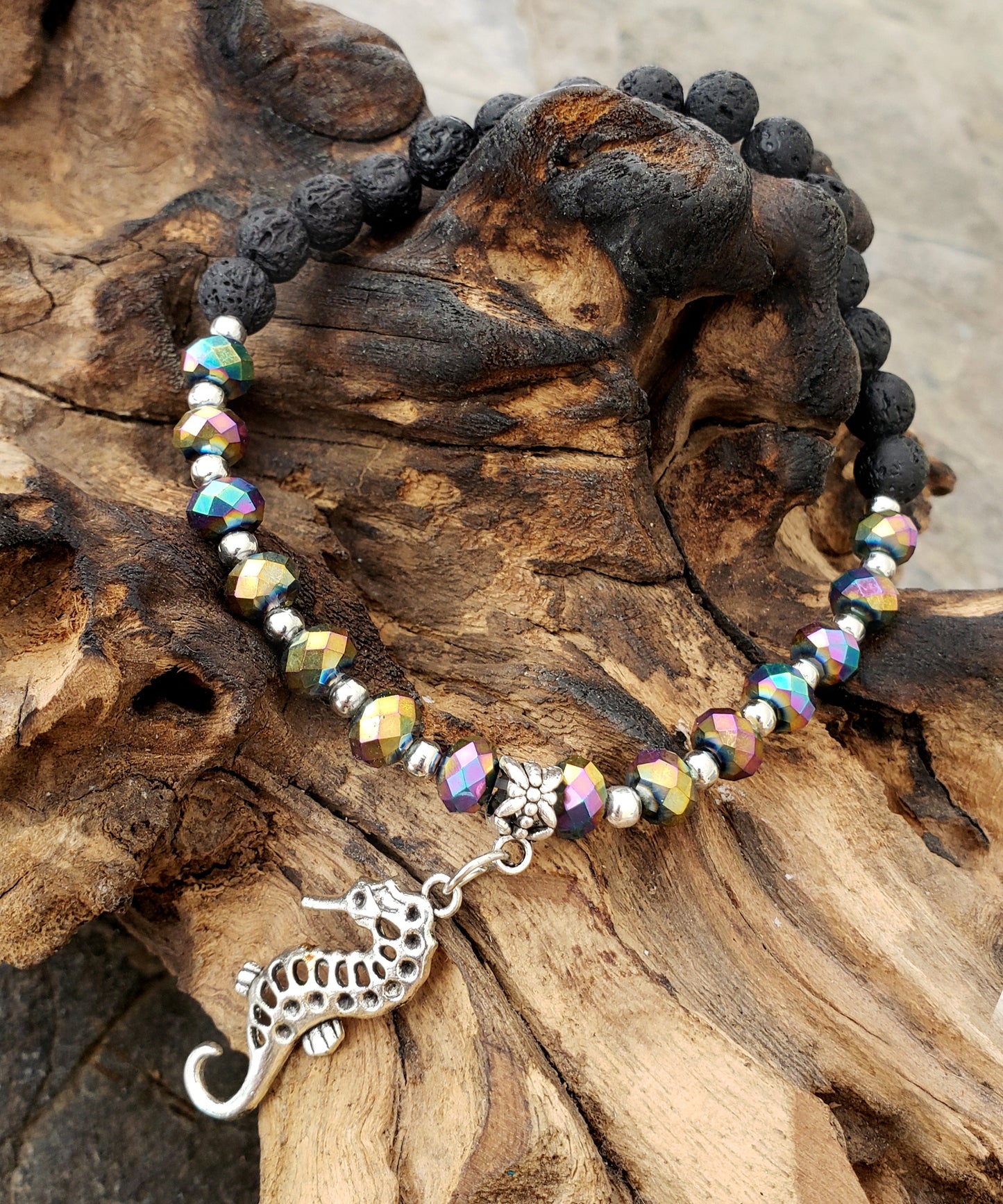 BESHEEK RAINBOW and Black Lava bead Silvertone Sea Horse Stretch Anklet | Handmade Hypoallergenic Beach Gala Wedding Style Jewelry