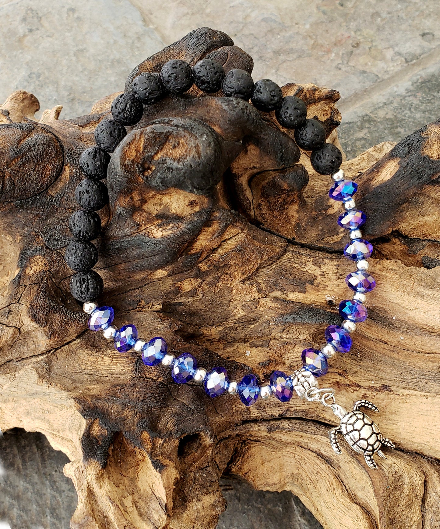 BESHEEK COBALT and Black Lava bead Silvertone Sea Turtle Stretch Anklet | Handmade Hypoallergenic Beach Gala Wedding Style Jewelry