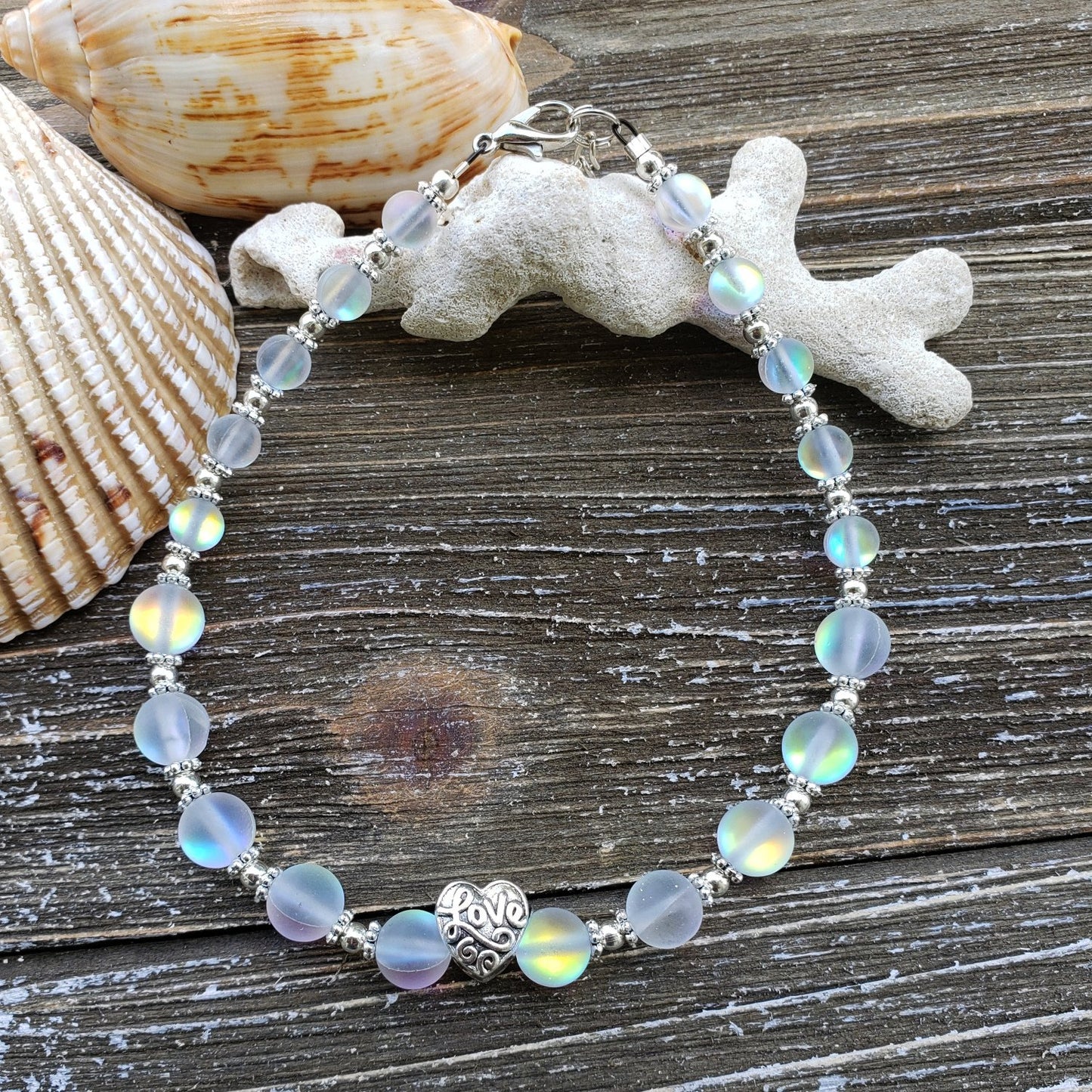 BESHEEK Mermaid WHITE Glass Love Artisan Beaded Anklet with Extension | Handmade Hypoallergenic Beach Gala Wedding Style Jewelry