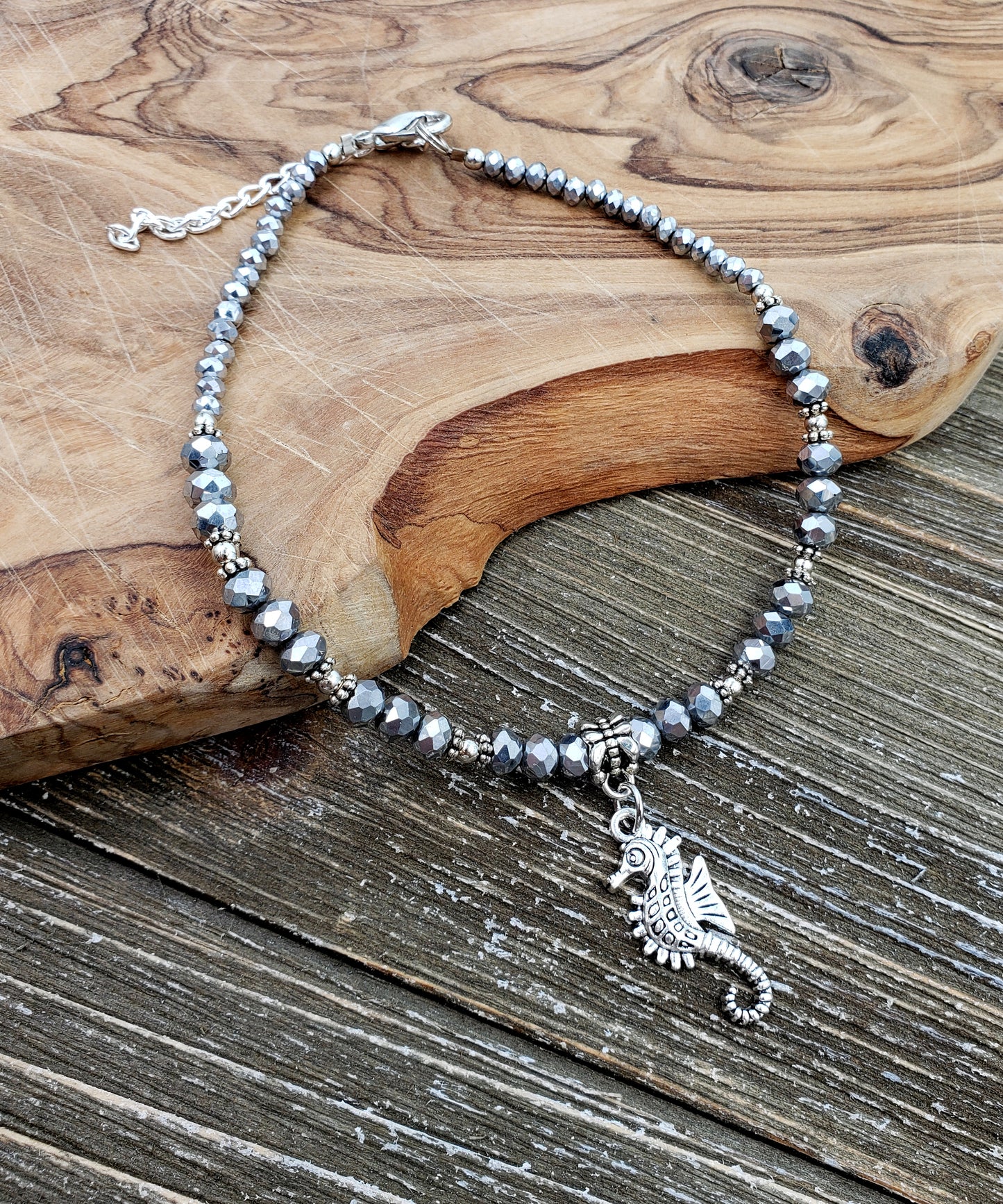 BESHEEK Silver Mirror Crystal Glass and Seahorse Charm Adjustable Anklet | Handmade Hypoallergenic Beach Gala Wedding Style Jewelry