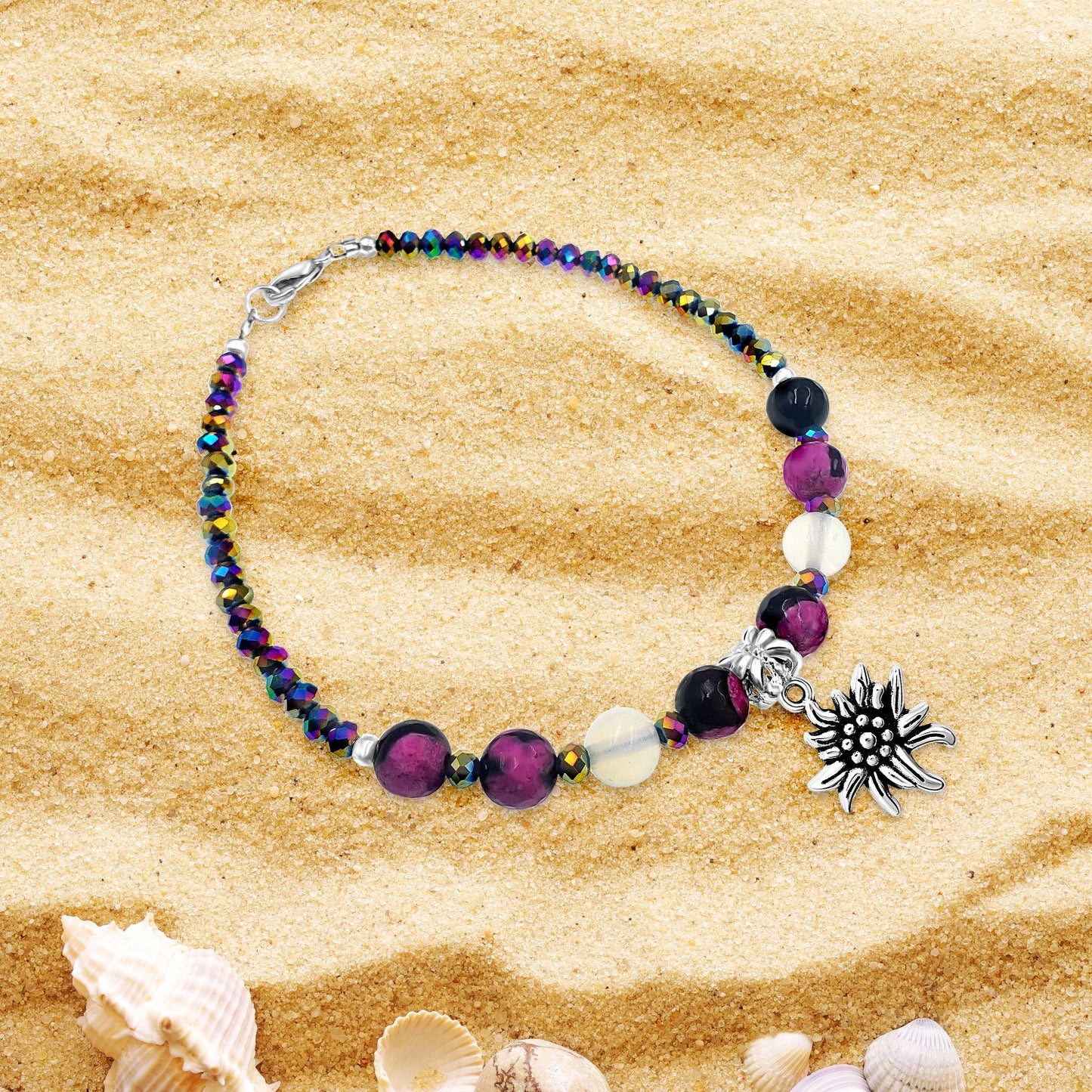 BESHEEK Flower PINK and BLACK Calsilica Stone Artisan Beaded Anklet with Extension | Handmade Hypoallergenic Beach Gala Wedding Style Jewelry