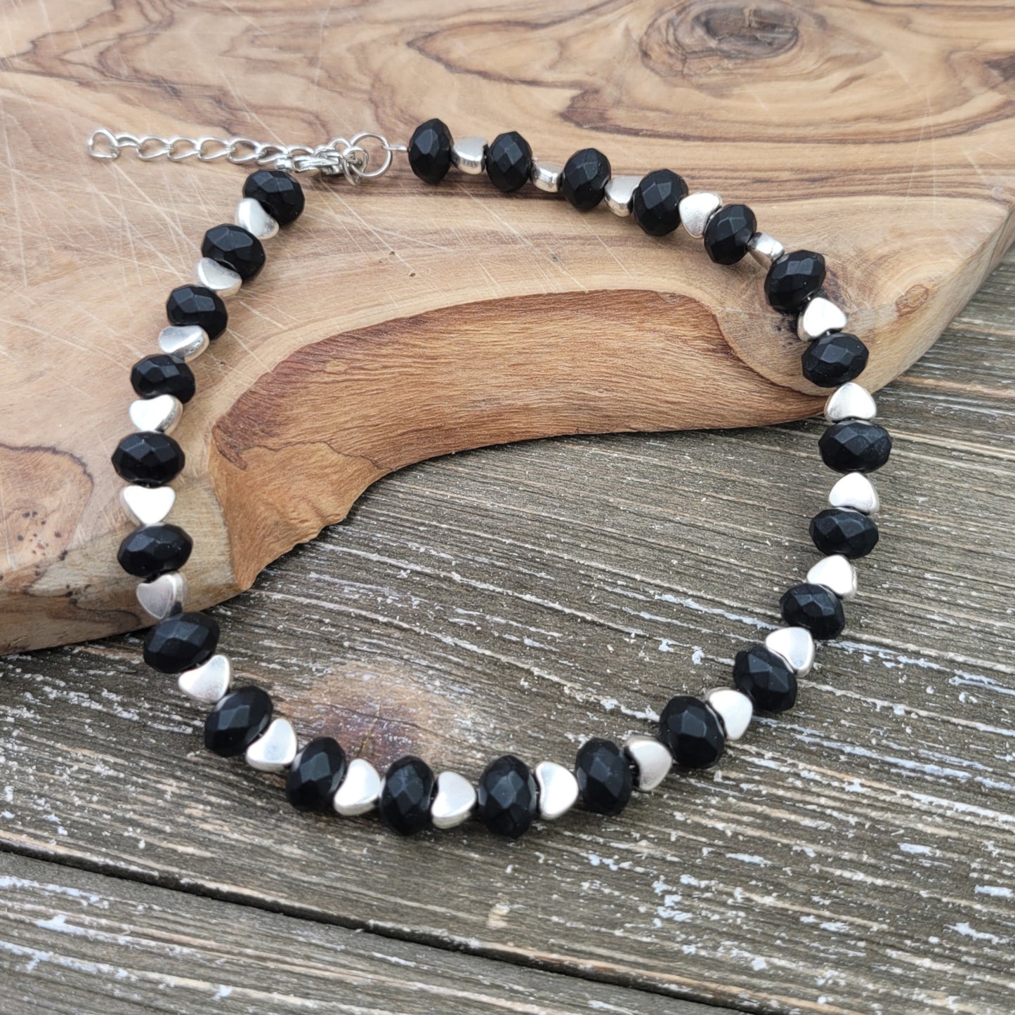 BESHEEK Frosted JET BLACK Faceted Crystal Artisan Beaded Anklet with Extension | Handmade Hypoallergenic Beach Gala Wedding Style Jewelry