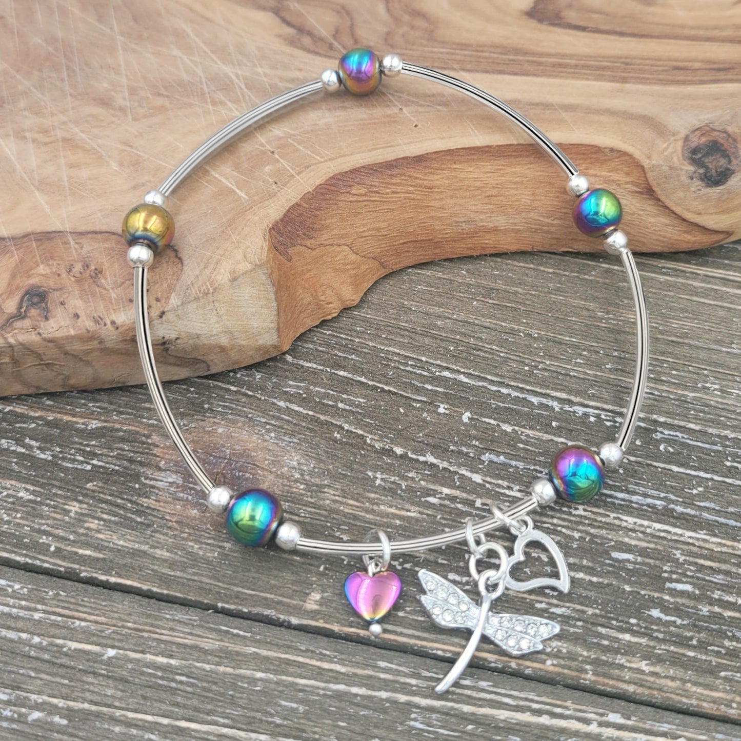 BESHEEK Dragonfly Rainbow Hematite Stone and Tube Artisan Beaded Stretch Anklet | Handmade Hypoallergenic Beach Gala Wedding Style Jewelry