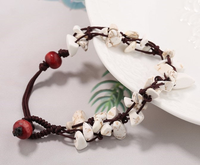 BESHEEK Ajustable Boho Chic Bohemia Anklet with White Turquoise Chips | Handmade Hypoallergenic Beach Gala Wedding Style Jewelry