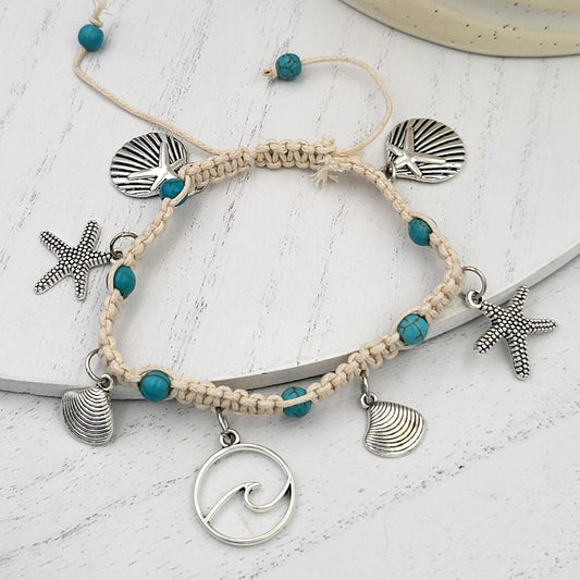 BESHEEK White and Blue Waxen Cord Seaside Macrame Adjustable Slide Anklet | Handmade Hypoallergenic Beach Gala Wedding Style Jewelry