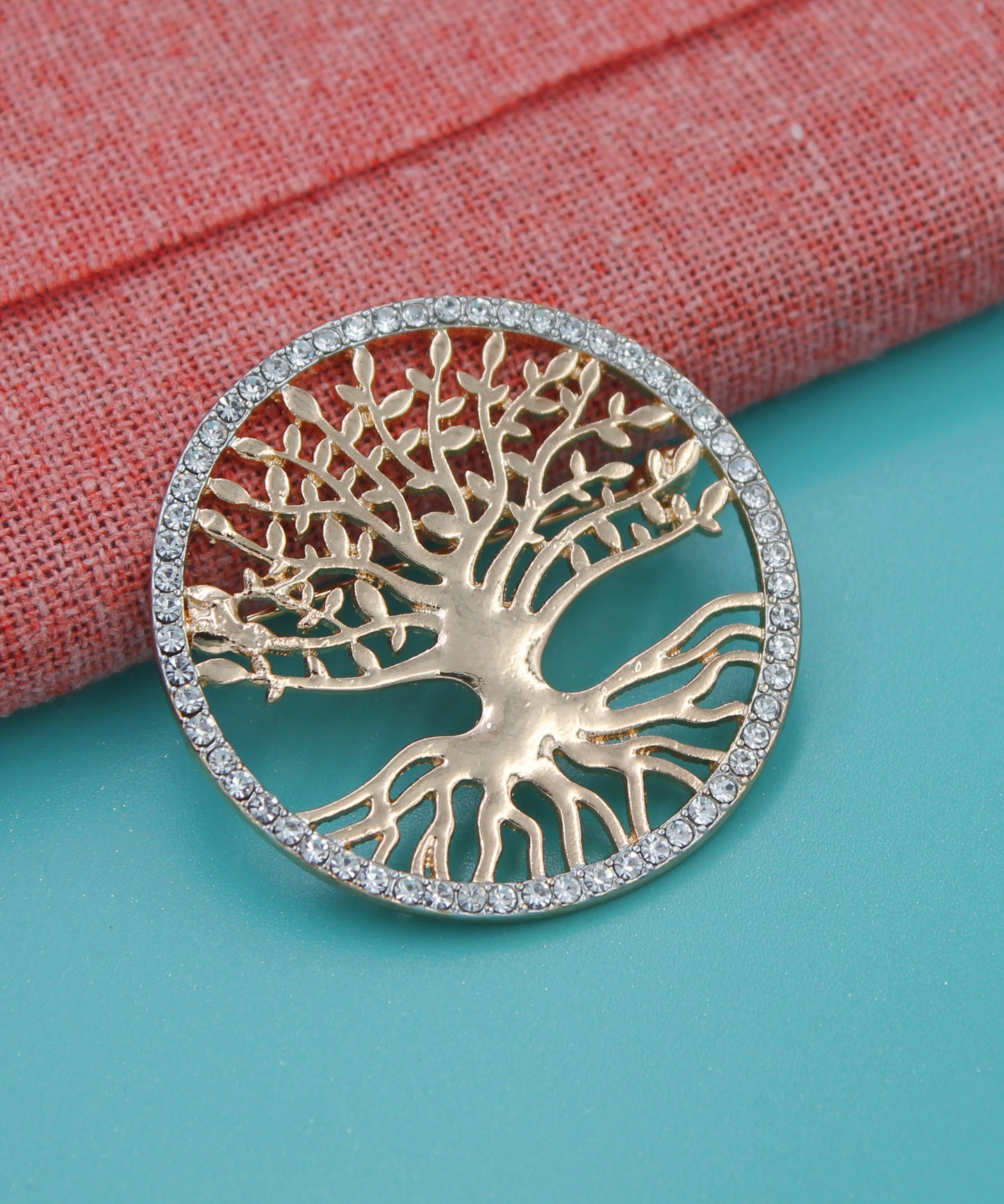 BESHEEK | Goldtone Tree of Life with Rhinestone Border Brooch