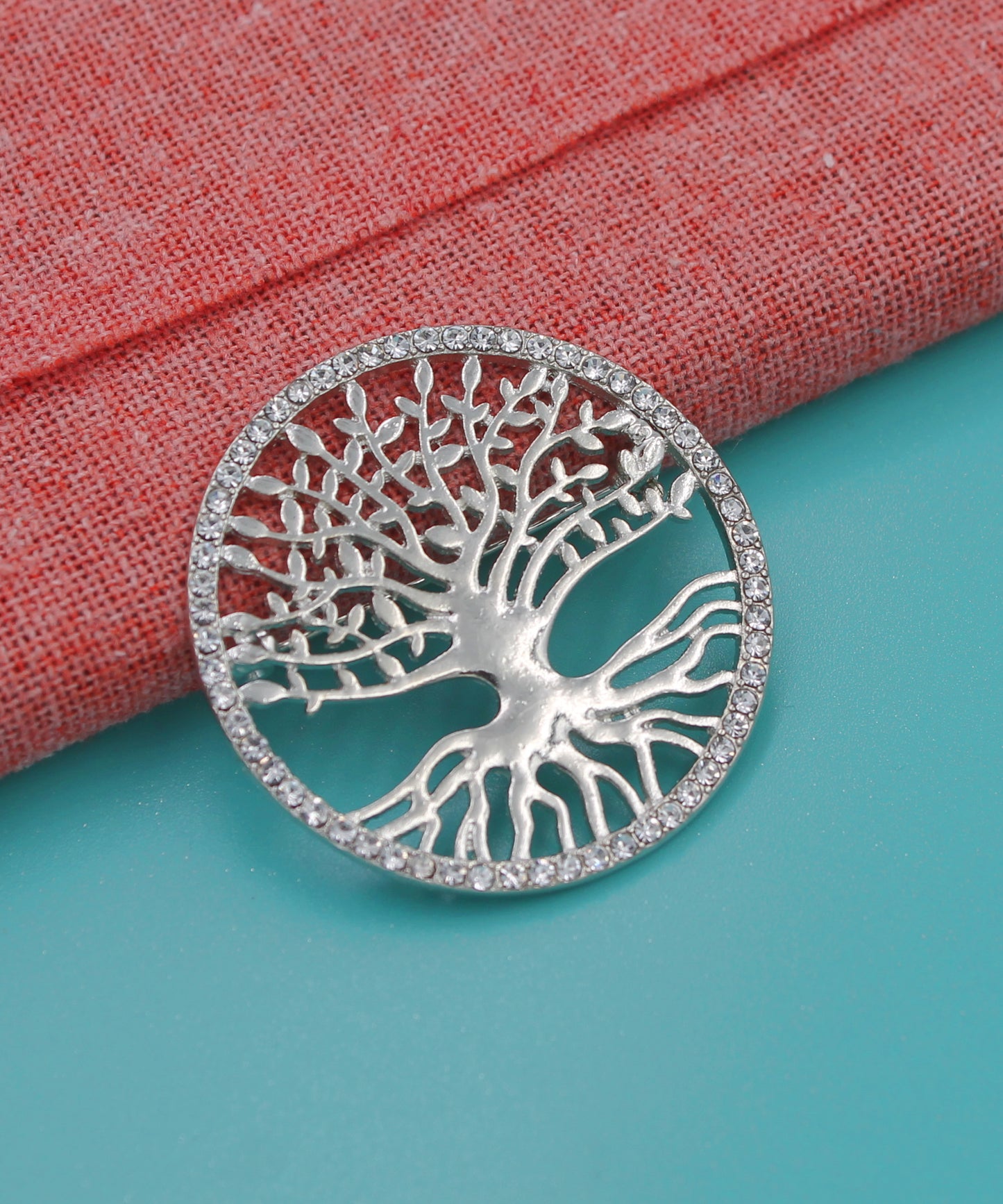 BESHEEK | Silvertone Tree of Life with Rhinestone Border Brooch