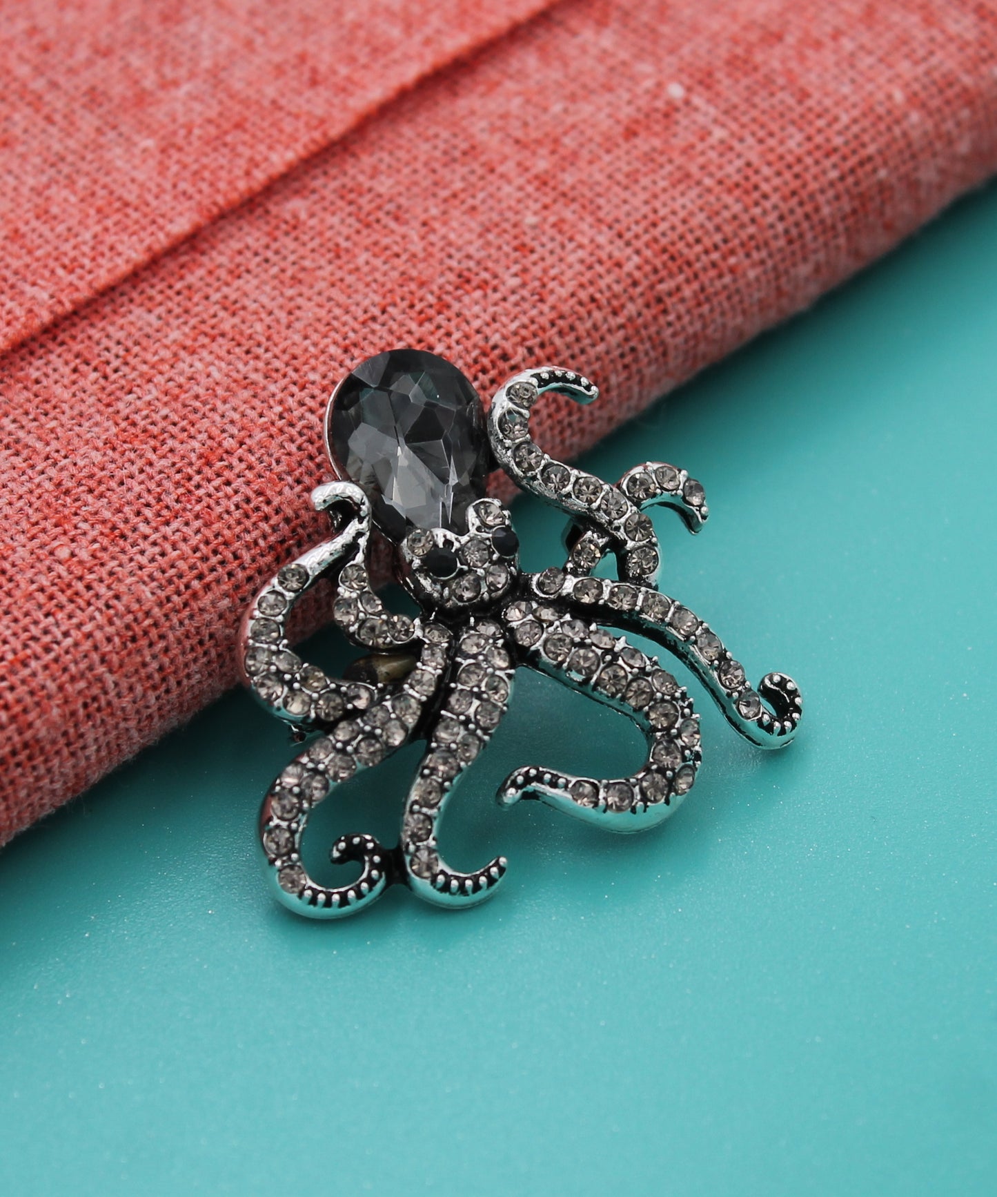 BESHEEK | Silvertone Crystal Paved Octopus Artisan Brooch