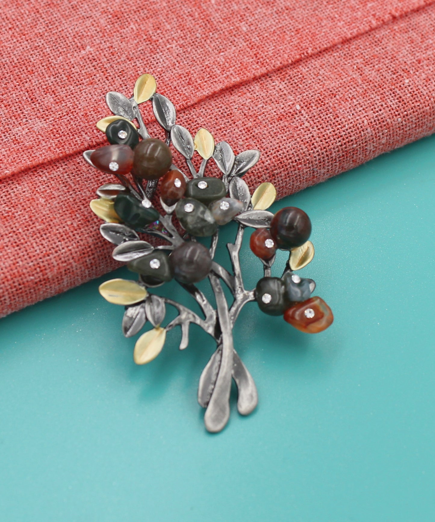 BESHEEK Burnished Multi Colored Agate with Rhinestones Bouquet Professional Artisan Brooch Pin | Handmade Hypoallergenic Office, Suit, Networking Style Jewelry