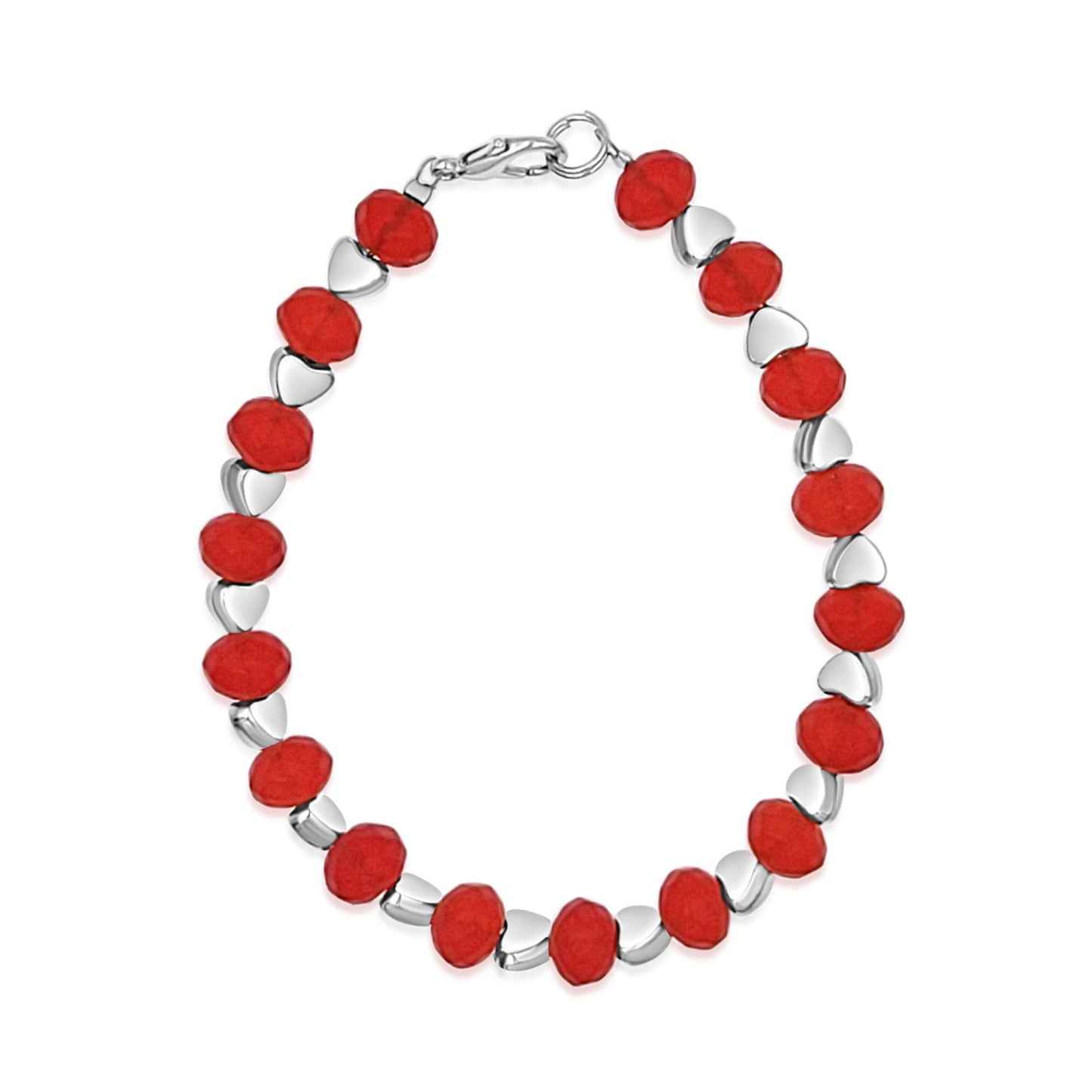 BESHEEK Silvertone hearts and Frosted Red Siam Crystal Clasp Bracelet| Handmade Hypoallergenic Boho Beach Gala Wedding Style Jewelry