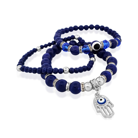 BESHEEK Silvertone and Blue Evil Eye Stretch Bracelets (set of 3)| Handmade Hypoallergenic Boho Beach Gala Wedding Style Jewelry