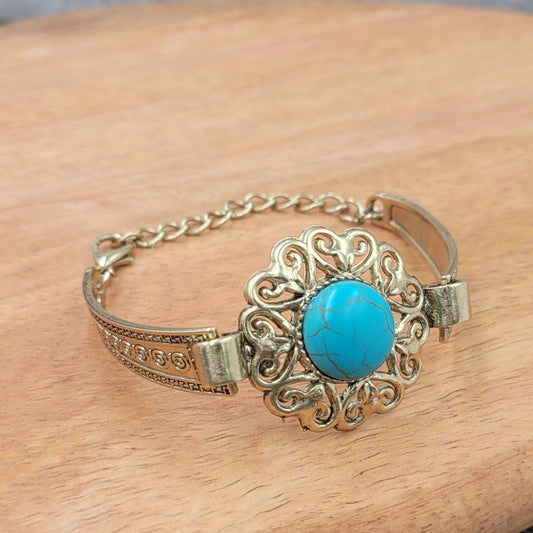 BESHEEK Antique Goldtone Tibetan Turquoise Flower Bracelet| Handmade Hypoallergenic Boho Beach Gala Wedding Style Jewelry