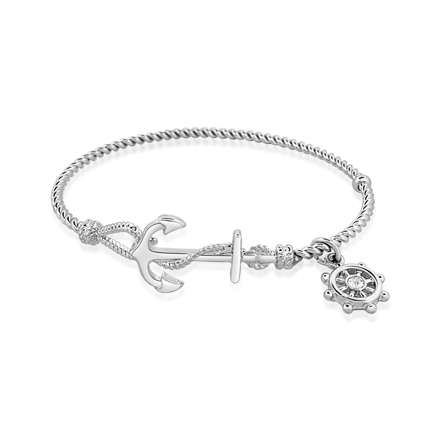 BESHEEK Silvertone Nautical Anchor and Rope Bangle Bracelet| Handmade Hypoallergenic Boho Beach Gala Wedding Style Jewelry