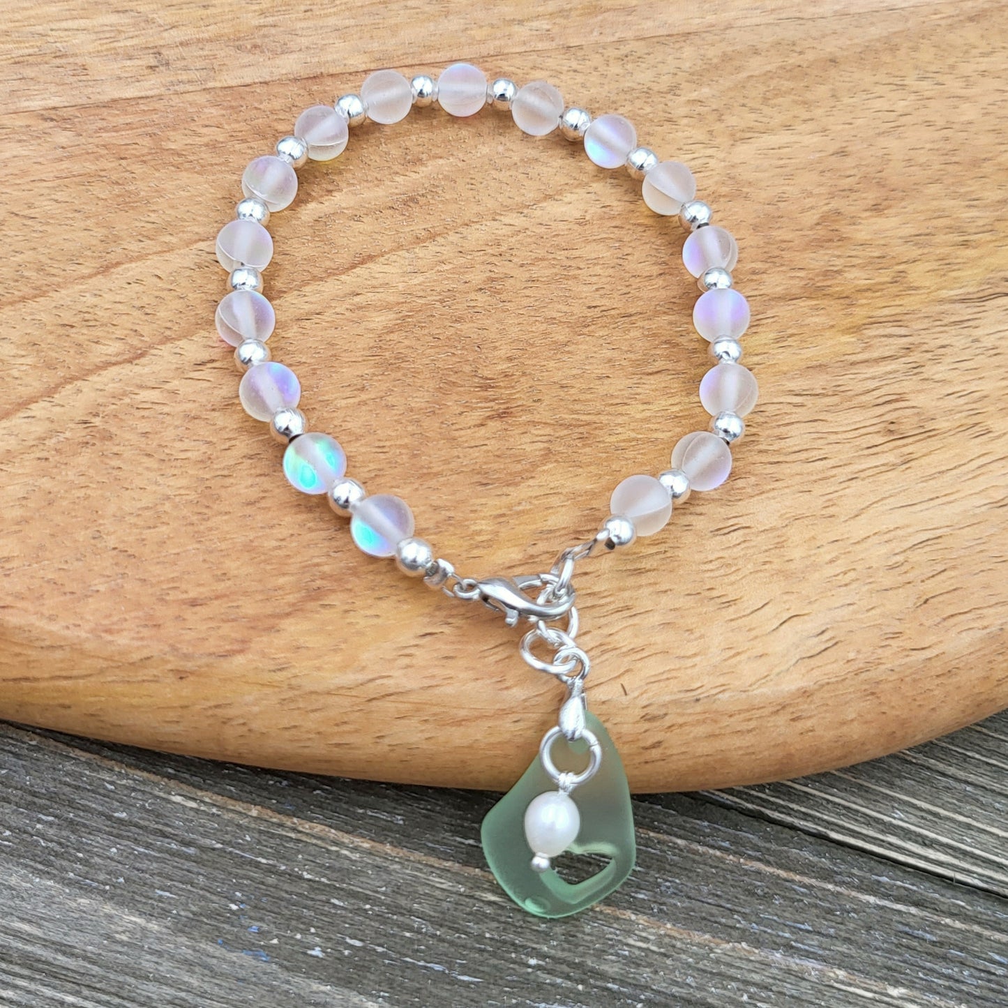 BESHEEK Mint Seaglass with Heart and Freshwater Pearl Bracelet| Handmade Hypoallergenic Boho Beach Gala Wedding Style Jewelry