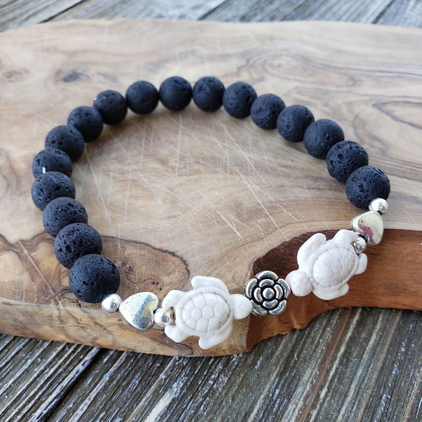 BESHEEK Lava Stone and Turquoise Turtle Stretch Bracelet| Handmade Hypoallergenic Boho Beach Gala Wedding Style Jewelry