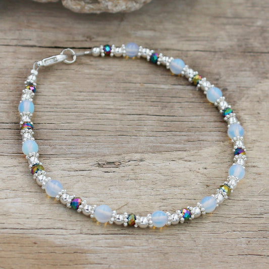 BESHEEK Rainbow Vitrail Bali Style Moonstone and Crystal Braclet| Handmade Hypoallergenic Boho Beach Gala Wedding Style Jewelry