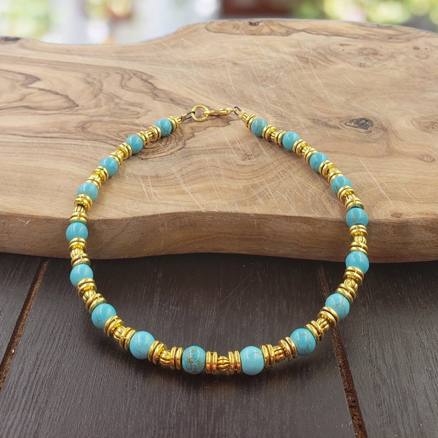 BESHEEK Goldtone Aqua Turquoise Bracelet| Handmade Hypoallergenic Boho Beach Gala Wedding Style Jewelry