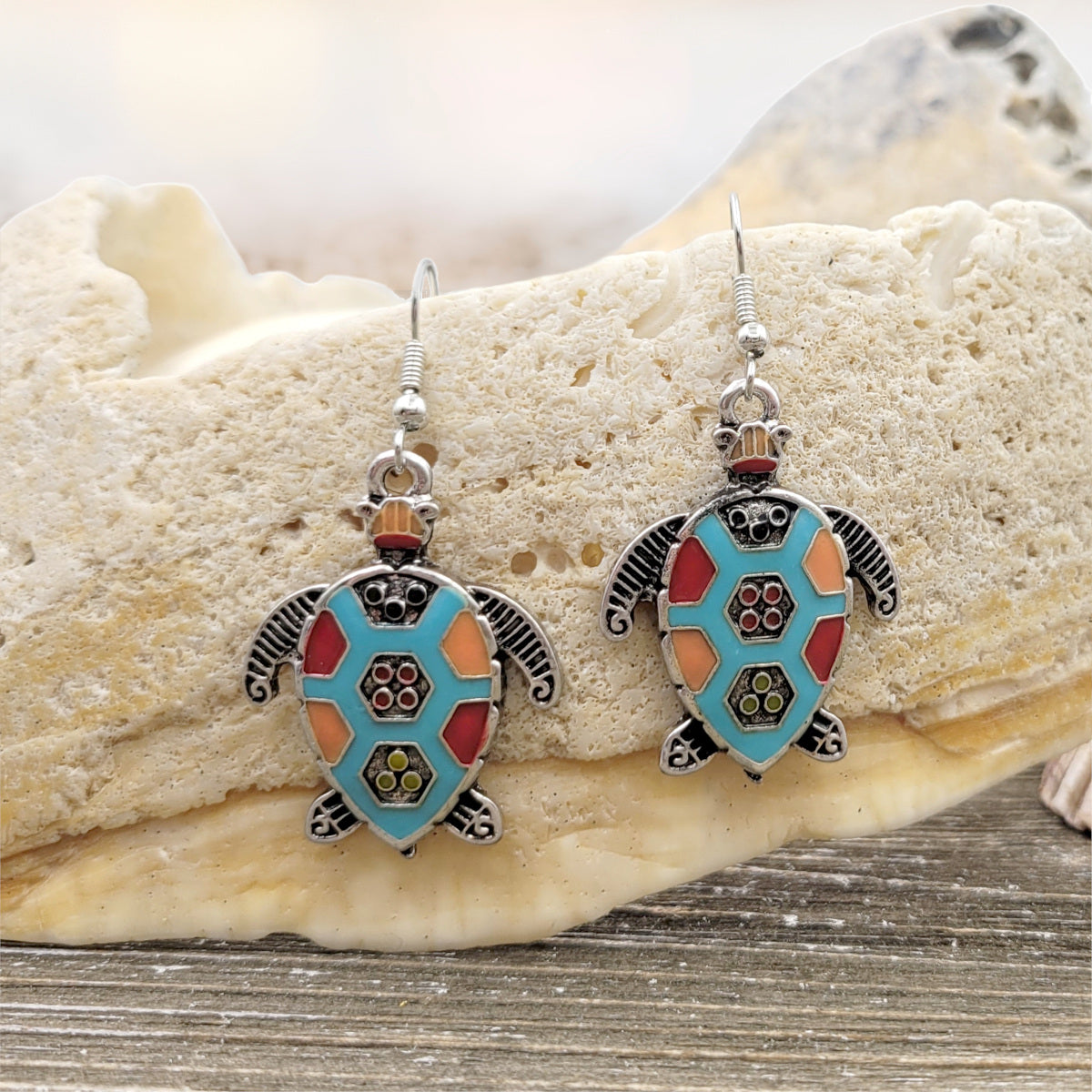 BESHEEK Rainbow Mosiac Silvertone Turtle Fashion Earrings | Hypoallergenic Boho Beach Gala Wedding Style Fashion Earrings