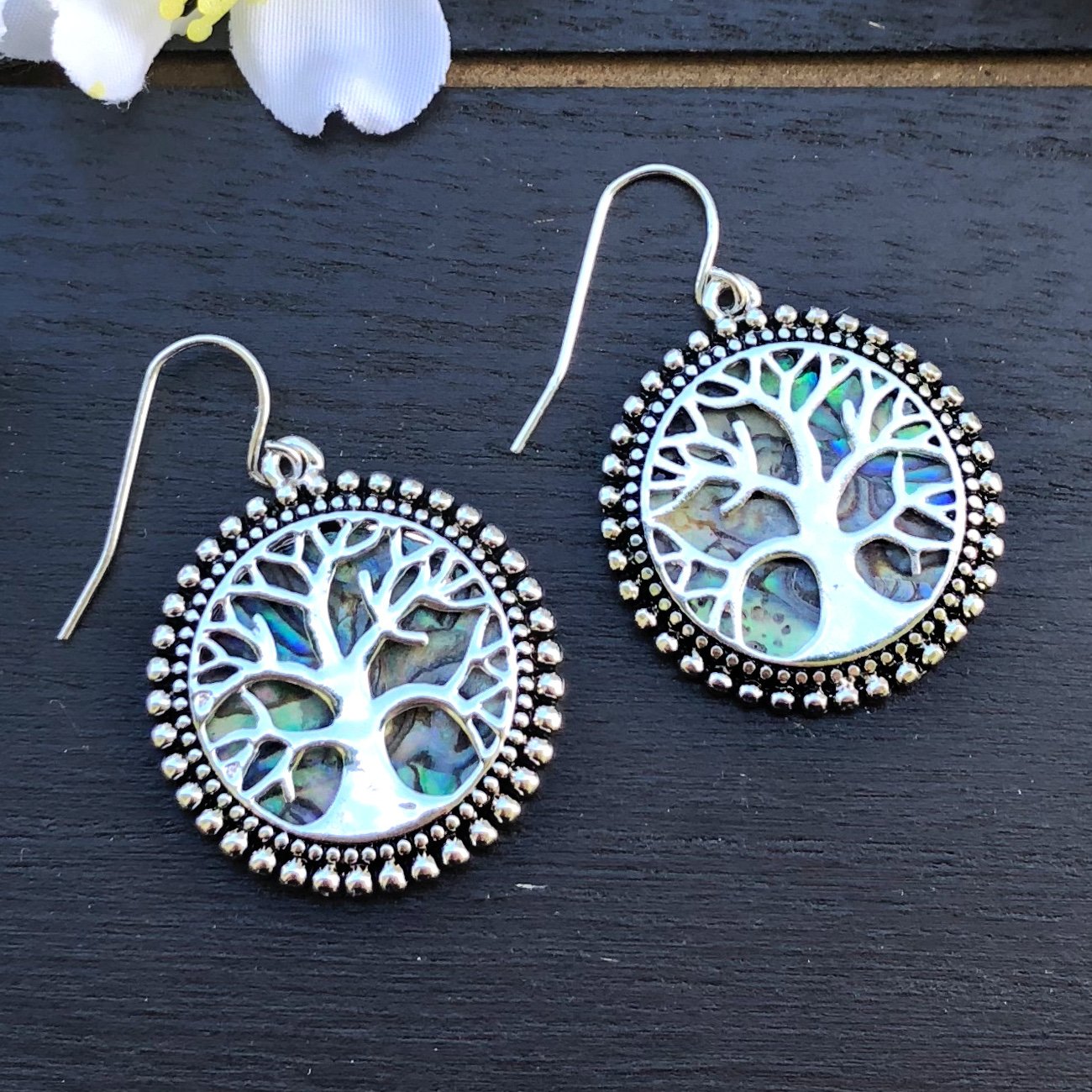 BESHEEK Handmade Silvertone & Abalone Tree of Life Drop Earrings | Handmade Hypoallergenic Boho Beach Gala Wedding Style Fashion Earrings
