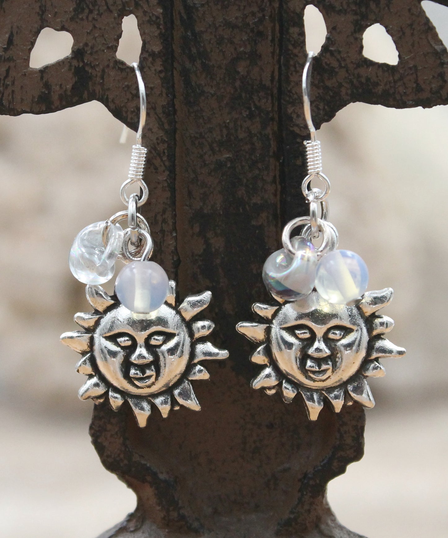 BESHEEK Opalite Moonstone & Silvertone Filigree Sunny Face Water Drop Glass Earrings | Hypoallergenic Boho Beach Gala Wedding Style Fashion Earrings