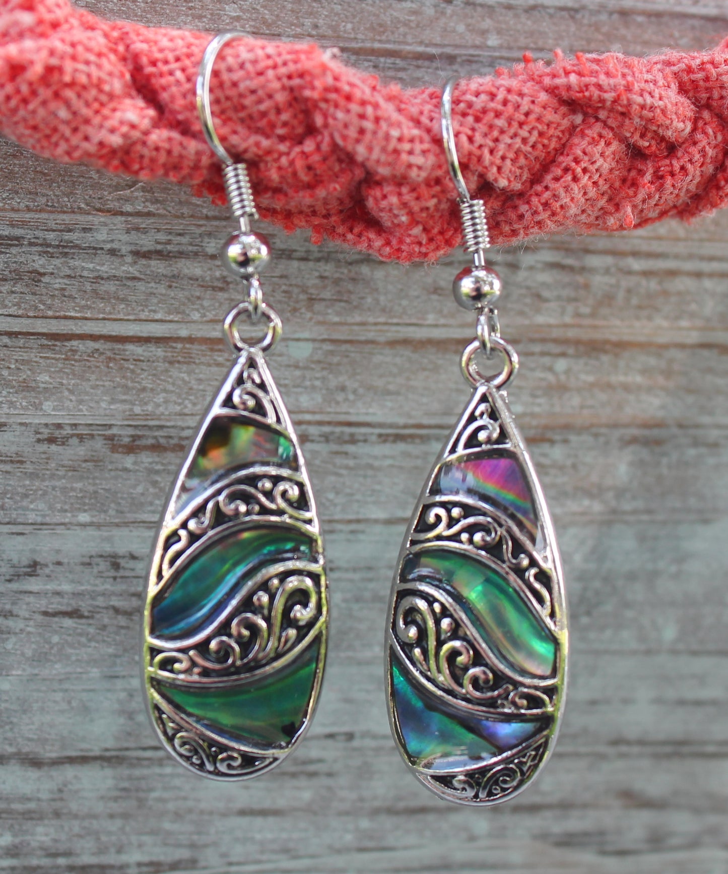 BESHEEK Silvertone and Abalone Waves Filigree Scroll Teardrop Dangle Fashion Earrings | Hypoallergenic Boho Beach Gala Wedding Style Fashion Earrings