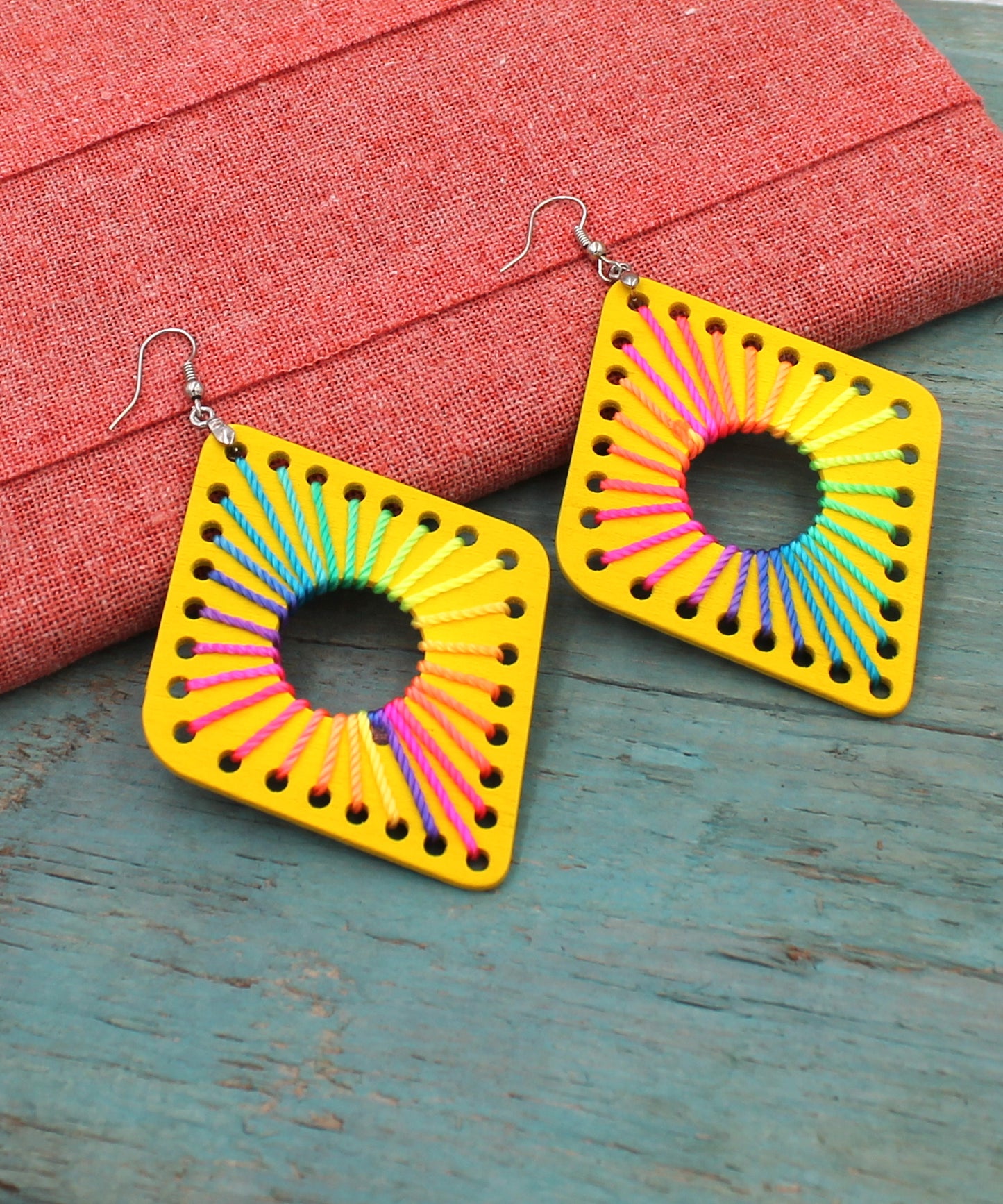 BESHEEK Diamond RAINBOW YELLOW threaded Wooden Earrings | Hypoallergenic Boho Beach Gala Wedding Style Fashion Earrings