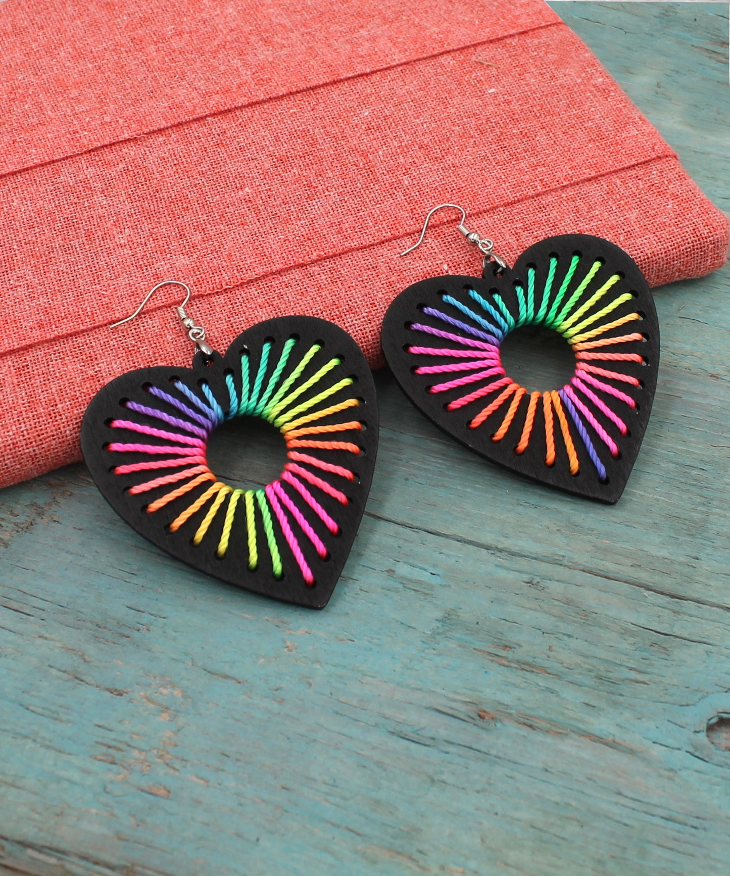 BESHEEK Heart RAINBOW BLACK threaded Wooden Earrings | Hypoallergenic Boho Beach Gala Wedding Style Fashion Earrings
