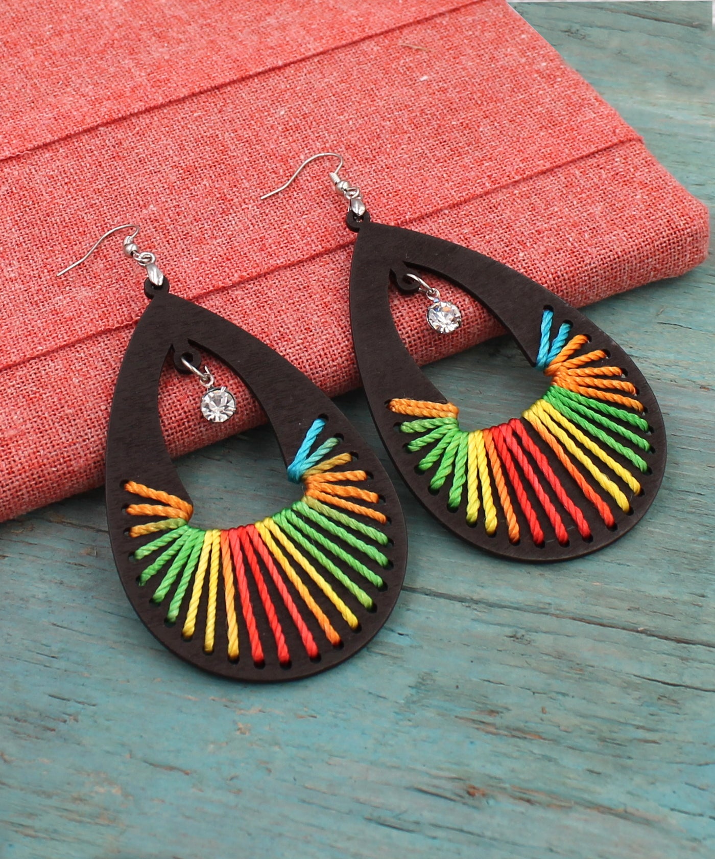 BESHEEK Teardrop RAINBOW BROWN threaded Wooden Earrings | Hypoallergenic Boho Beach Gala Wedding Style Fashion Earrings