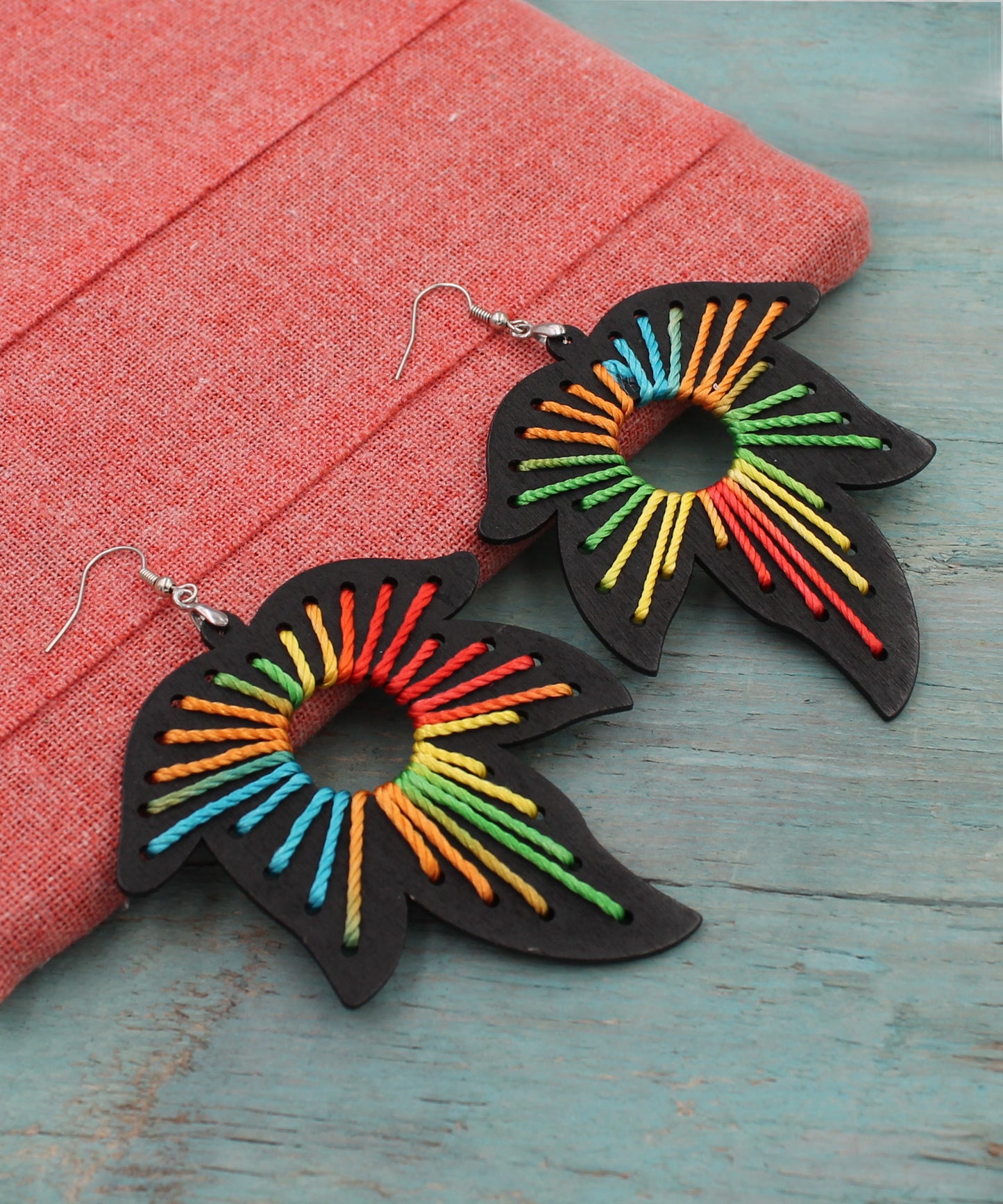 BESHEEK Boho RAINBOW BLACK threaded Wooden Maple Leaf Earrings | Hypoallergenic Boho Beach Gala Wedding Style Fashion Earrings