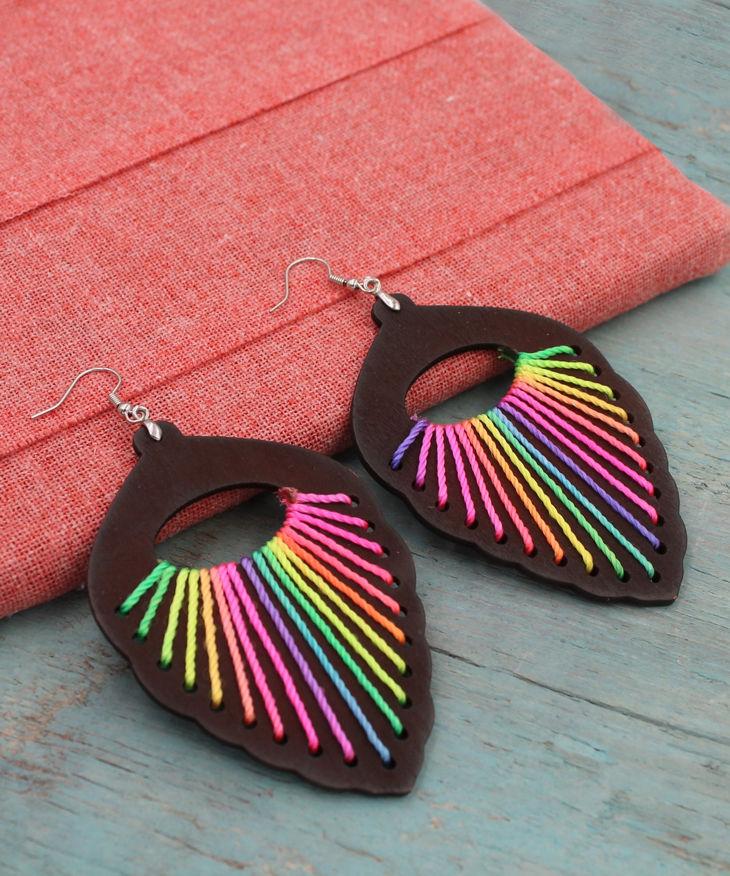 BESHEEK Boho RAINBOW BLACK threaded Wooden Leaf Earrings | Hypoallergenic Boho Beach Gala Wedding Style Fashion Earrings